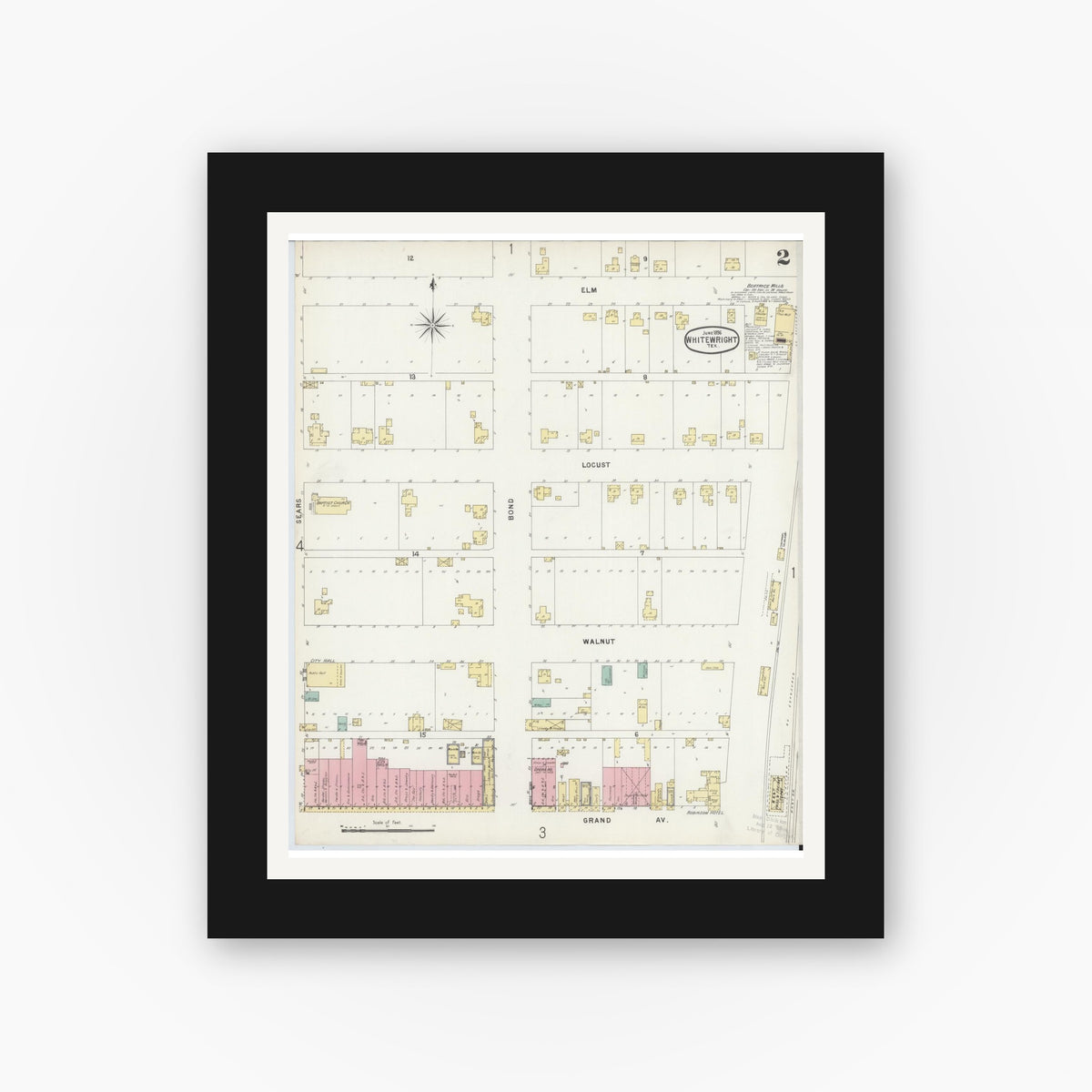 Old map wall art mockup — black gallery frame with white mat — Sanborn Fire Insurance Map from Whitewright, Grayson County, Texas (1896), Sheet #0002