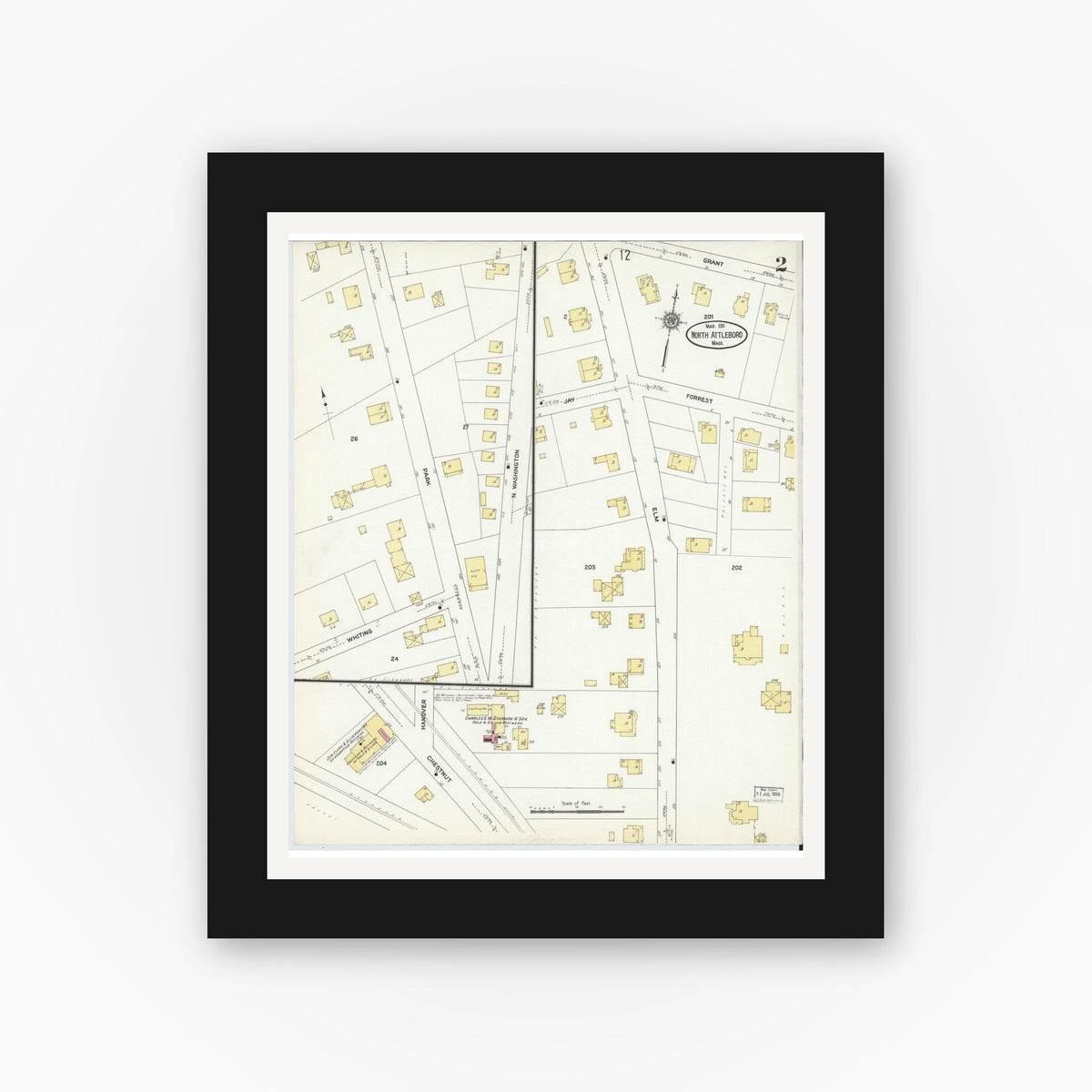 Old map wall art mockup — black gallery frame with white mat — Sanborn Fire Insurance Map from North Attleborough, Bristol County, Massachusetts (1911), Sheet #0002