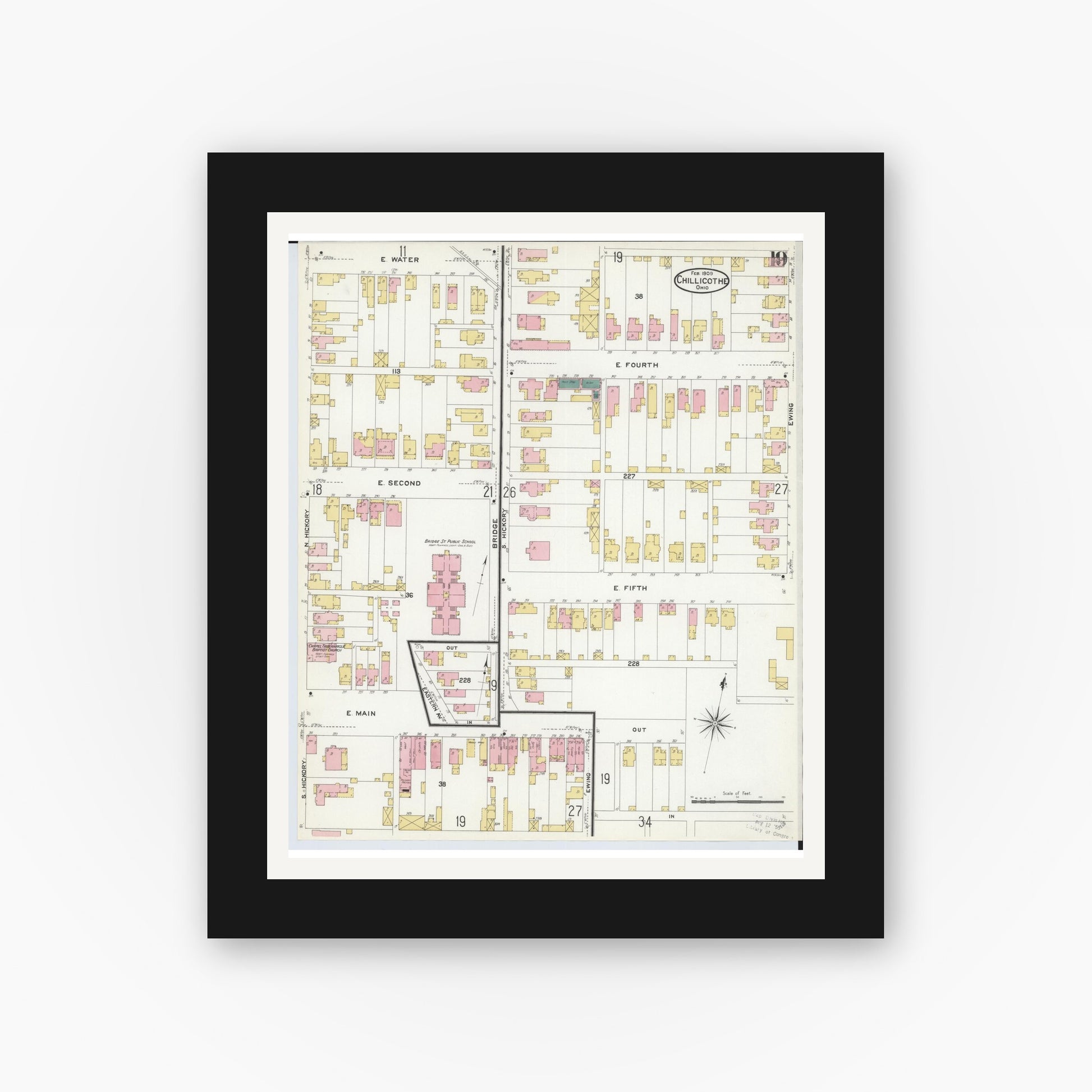 Old map wall art mockup — black gallery frame with white mat — Sanborn Fire Insurance Map from Chillicothe, Ross County, Ohio (1909), Sheet #0019