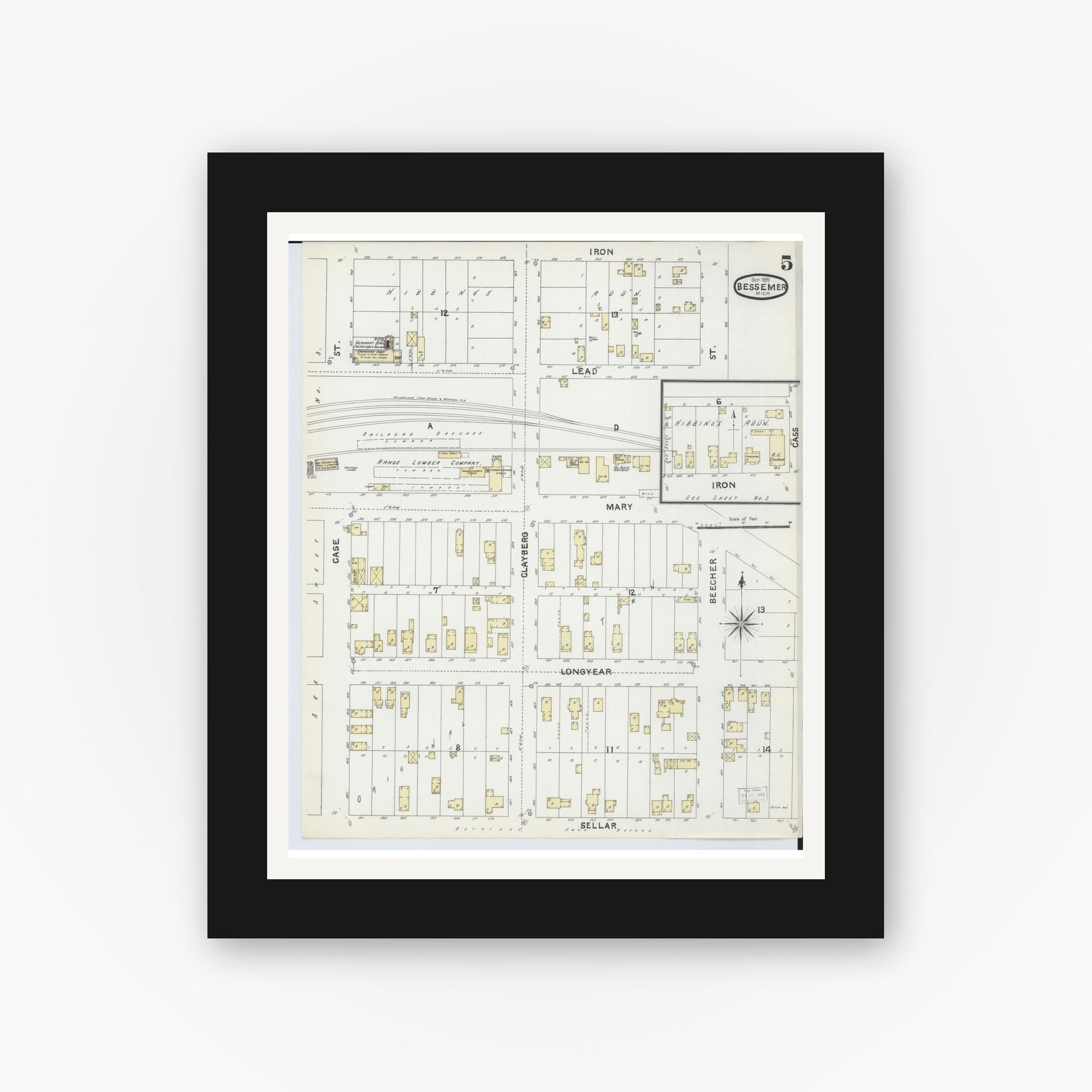Old map wall art mockup — black gallery frame with white mat — Sanborn Fire Insurance Map from Bessemer, Gogebic County, Michigan (1891), Sheet #0005