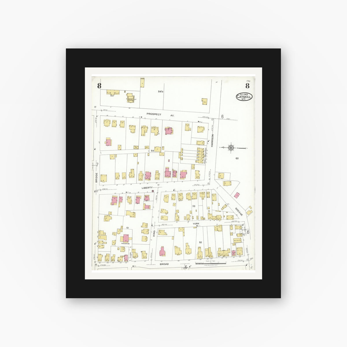 Old map wall art mockup — black gallery frame with white mat — Sanborn Fire Insurance Map from Catskill, Greene County, New York (1923), Sheet #0008