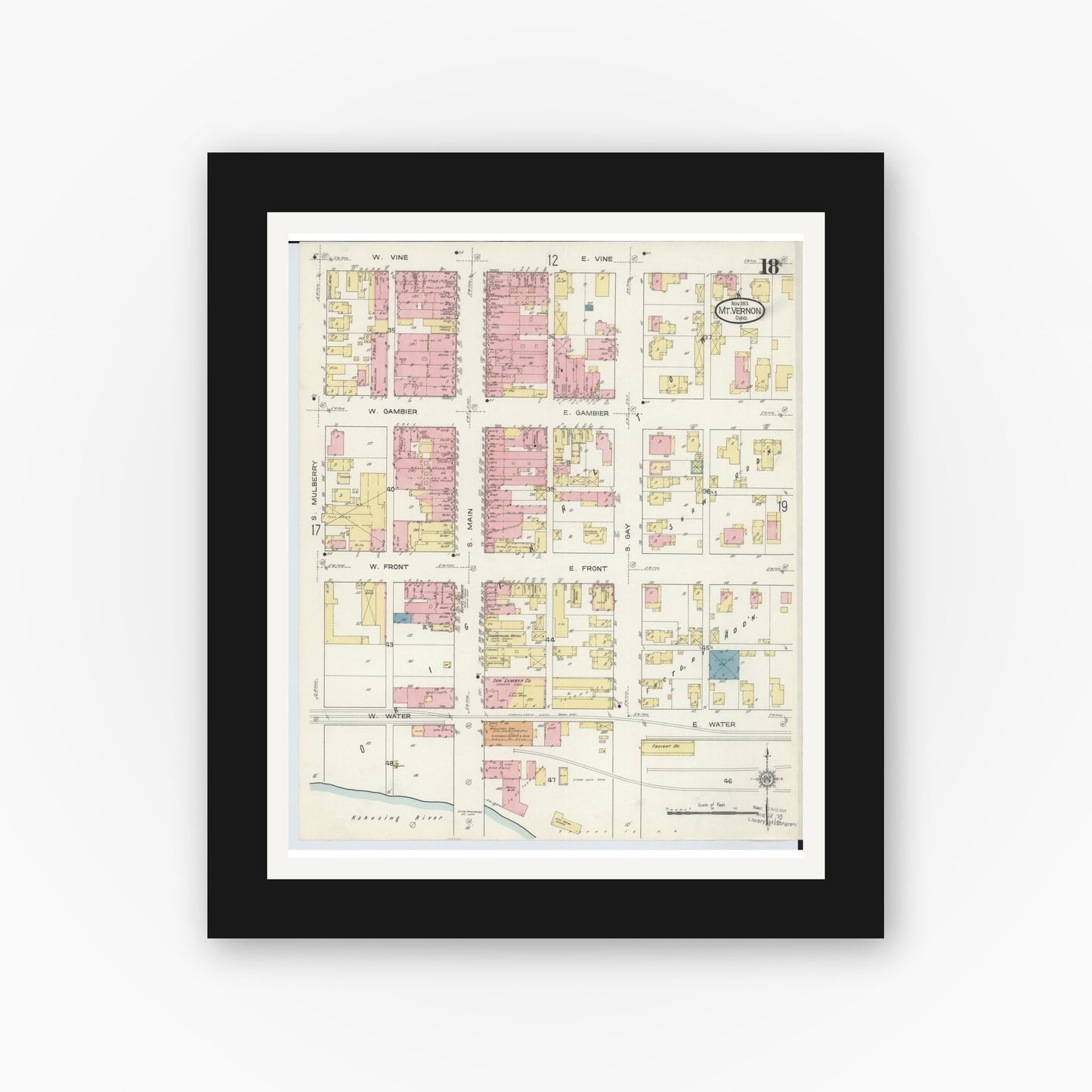 Old map wall art mockup — black gallery frame with white mat — Sanborn Fire Insurance Map from Mount Vernon, Knox County, Ohio (1913), Sheet #0018