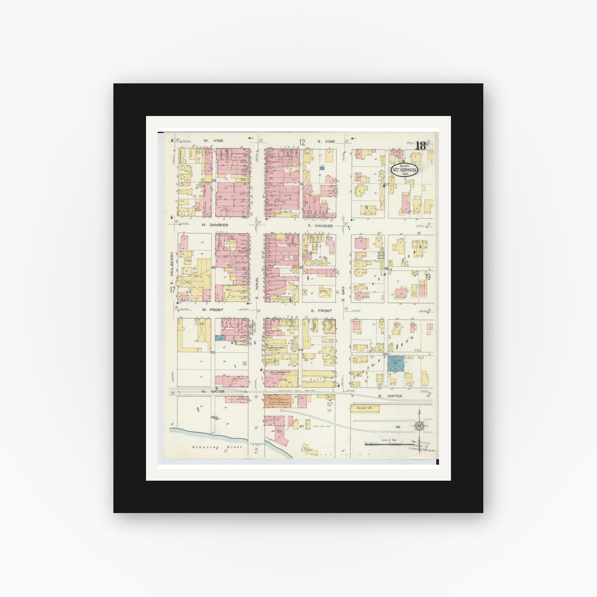 Old map wall art mockup — black gallery frame with white mat — Sanborn Fire Insurance Map from Mount Vernon, Knox County, Ohio (1913), Sheet #0018