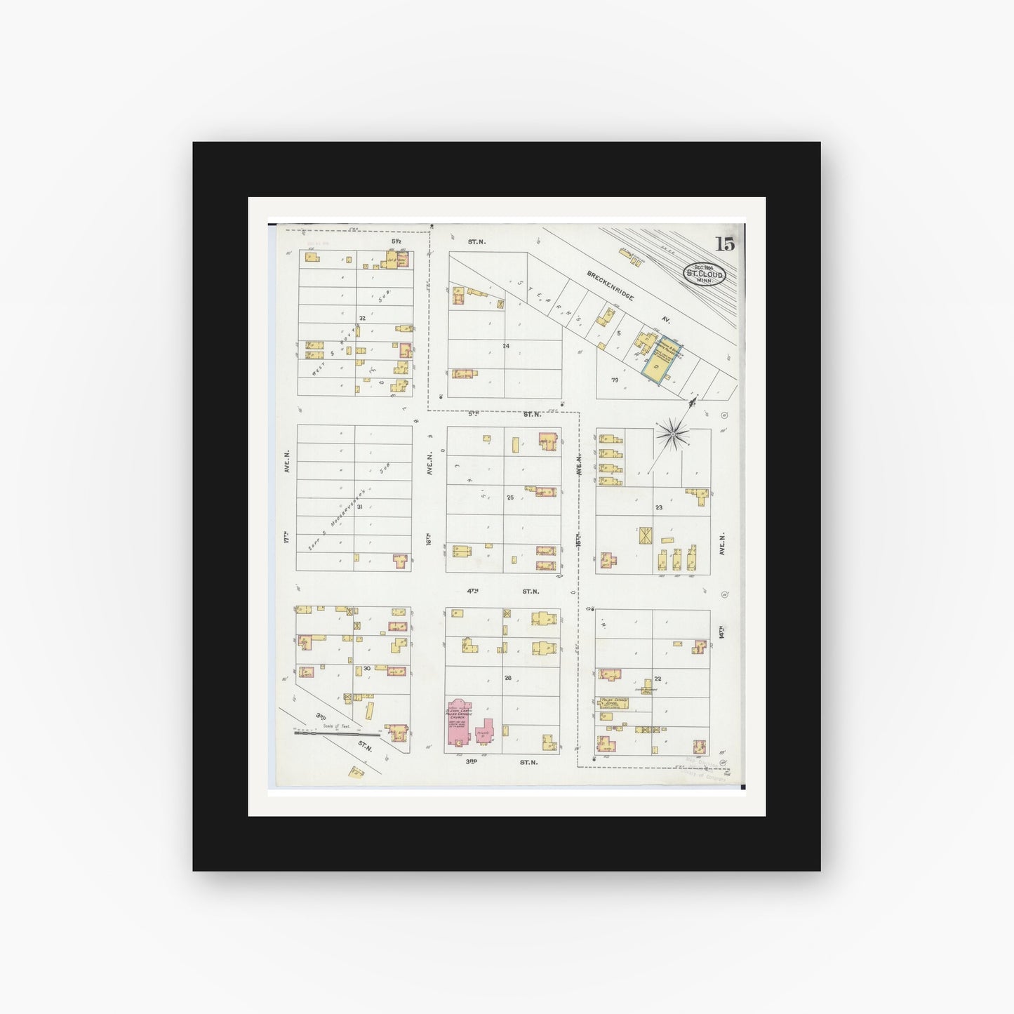 Old map wall art mockup — black gallery frame with white mat — Sanborn Fire Insurance Map from Saint Cloud, Stearns, Benton, and Sherburne Counties, Minnesota (1904), Sheet #0015