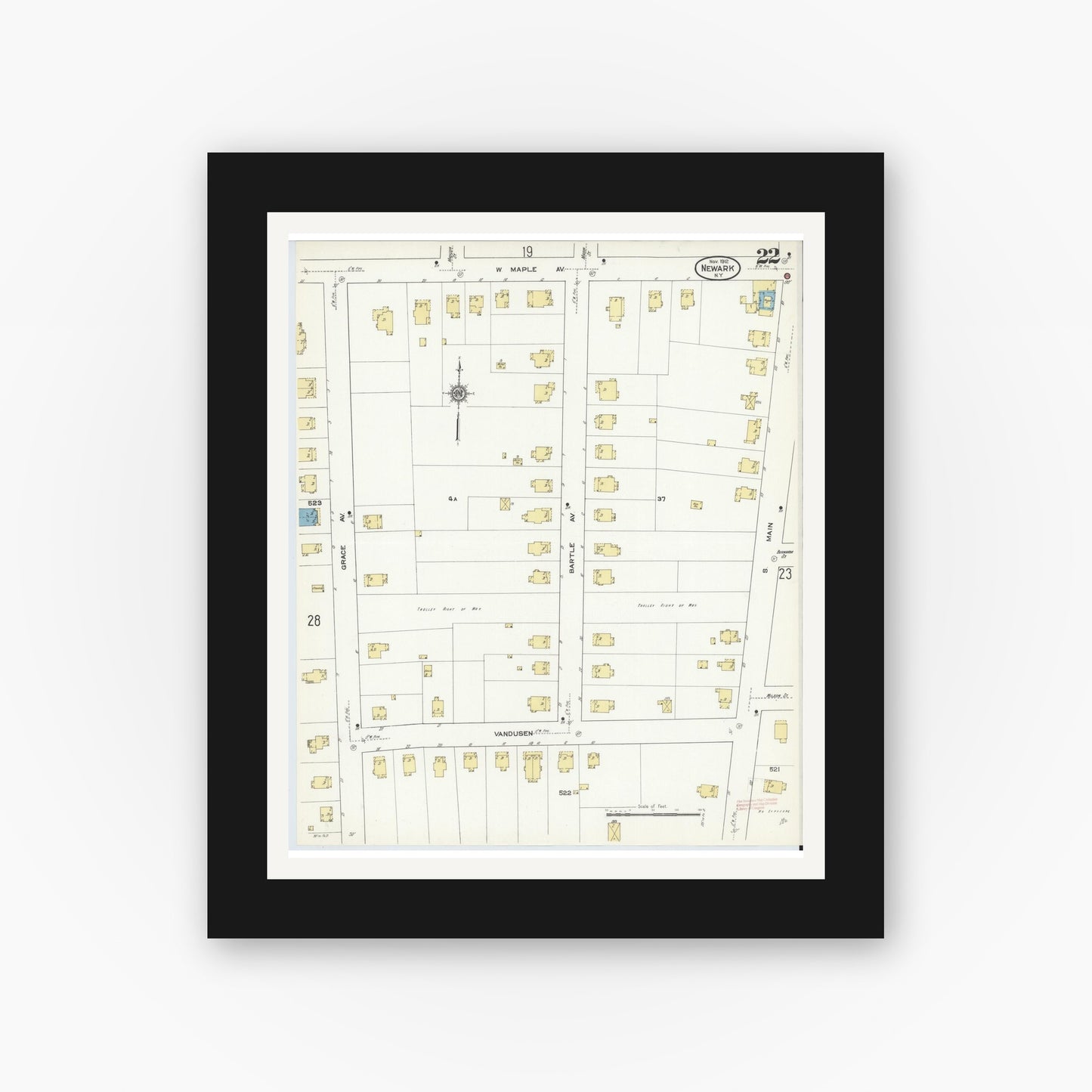Old map wall art mockup — black gallery frame with white mat — Sanborn Fire Insurance Map from Newark, Wayne County, New York (1912), Sheet #0022