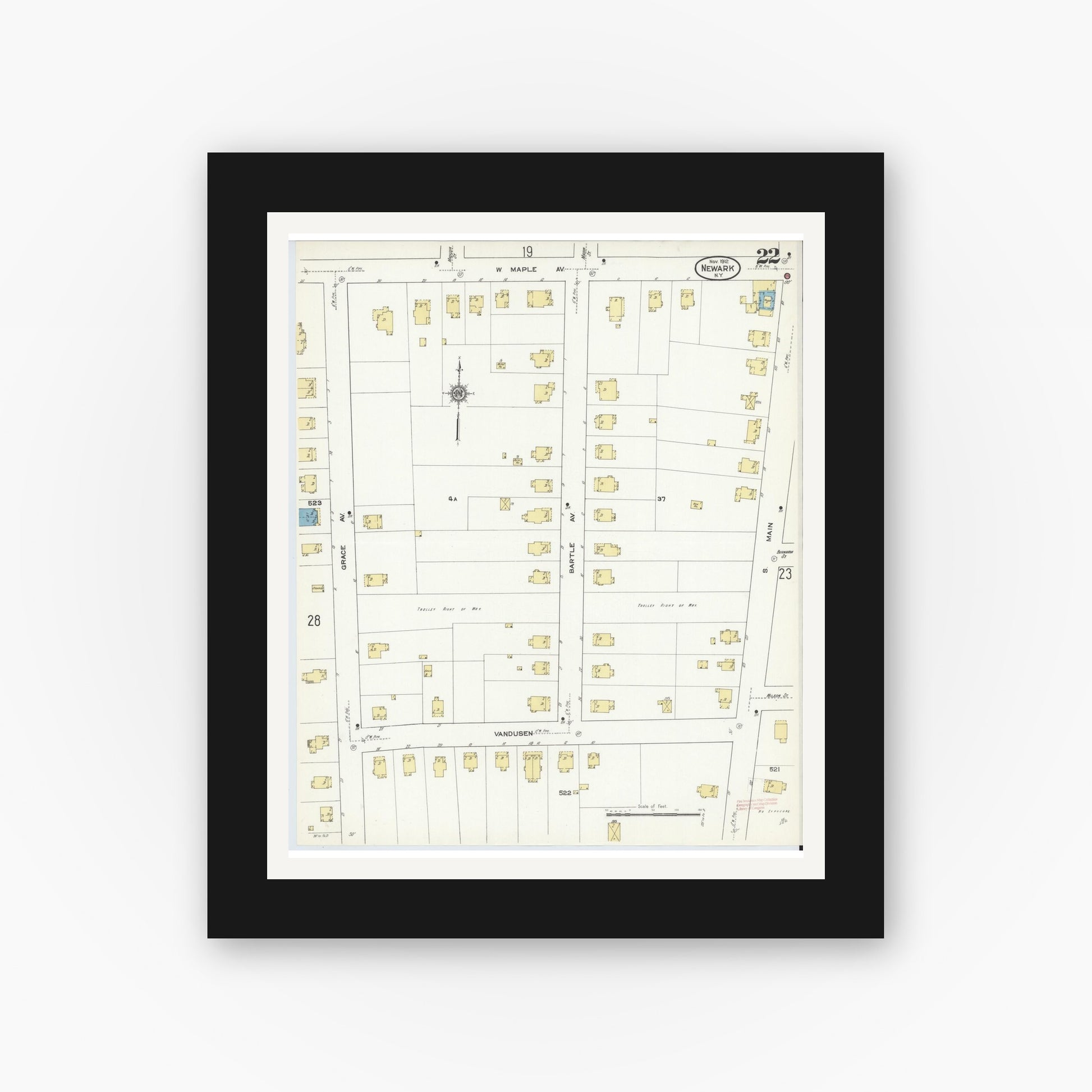 Old map wall art mockup — black gallery frame with white mat — Sanborn Fire Insurance Map from Newark, Wayne County, New York (1912), Sheet #0022