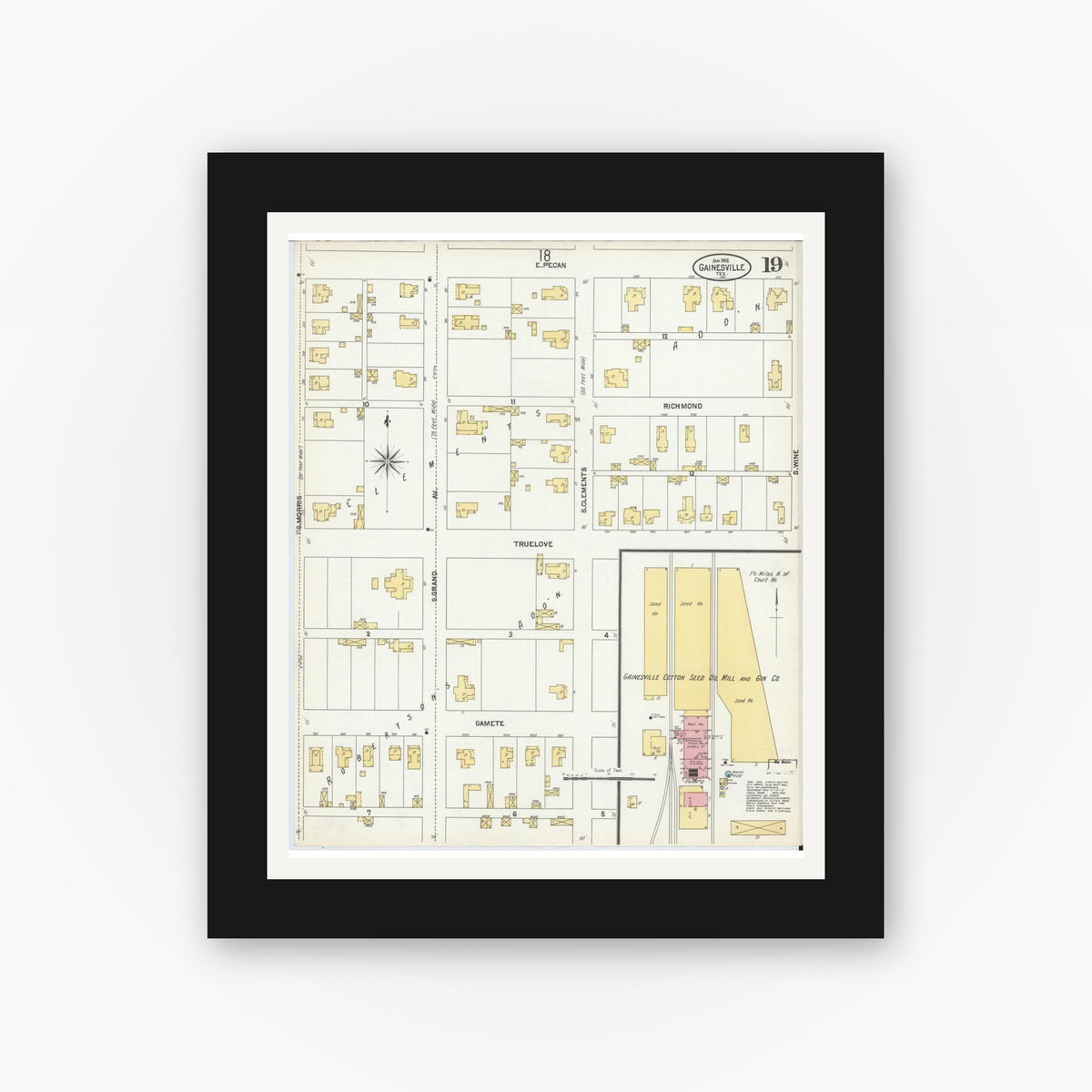 Old map wall art mockup — black gallery frame with white mat — Sanborn Fire Insurance Map from Gainesville, Cooke County, Texas (1902), Sheet #0019