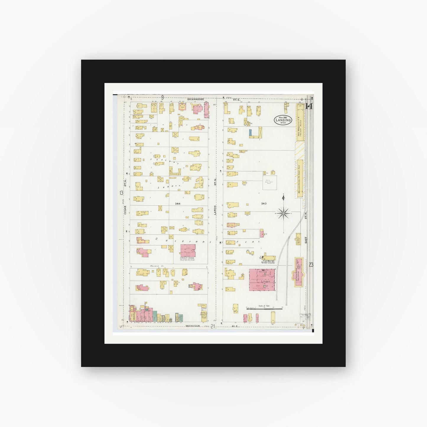 Old map wall art mockup — black gallery frame with white mat — Sanborn Fire Insurance Map from Lansing, Ingham County, Michigan (1906), Sheet #0014