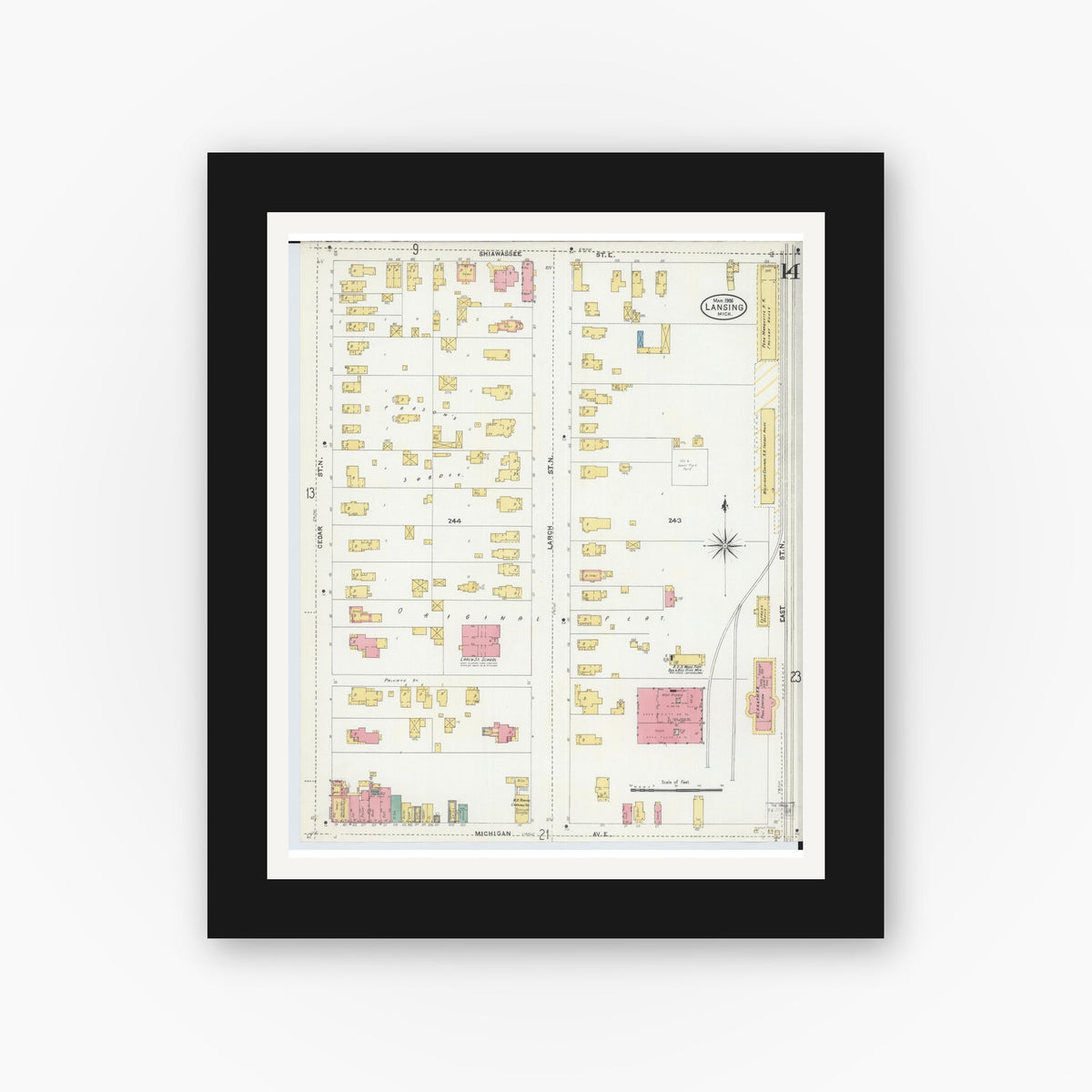 Old map wall art mockup — black gallery frame with white mat — Sanborn Fire Insurance Map from Lansing, Ingham County, Michigan (1906), Sheet #0014