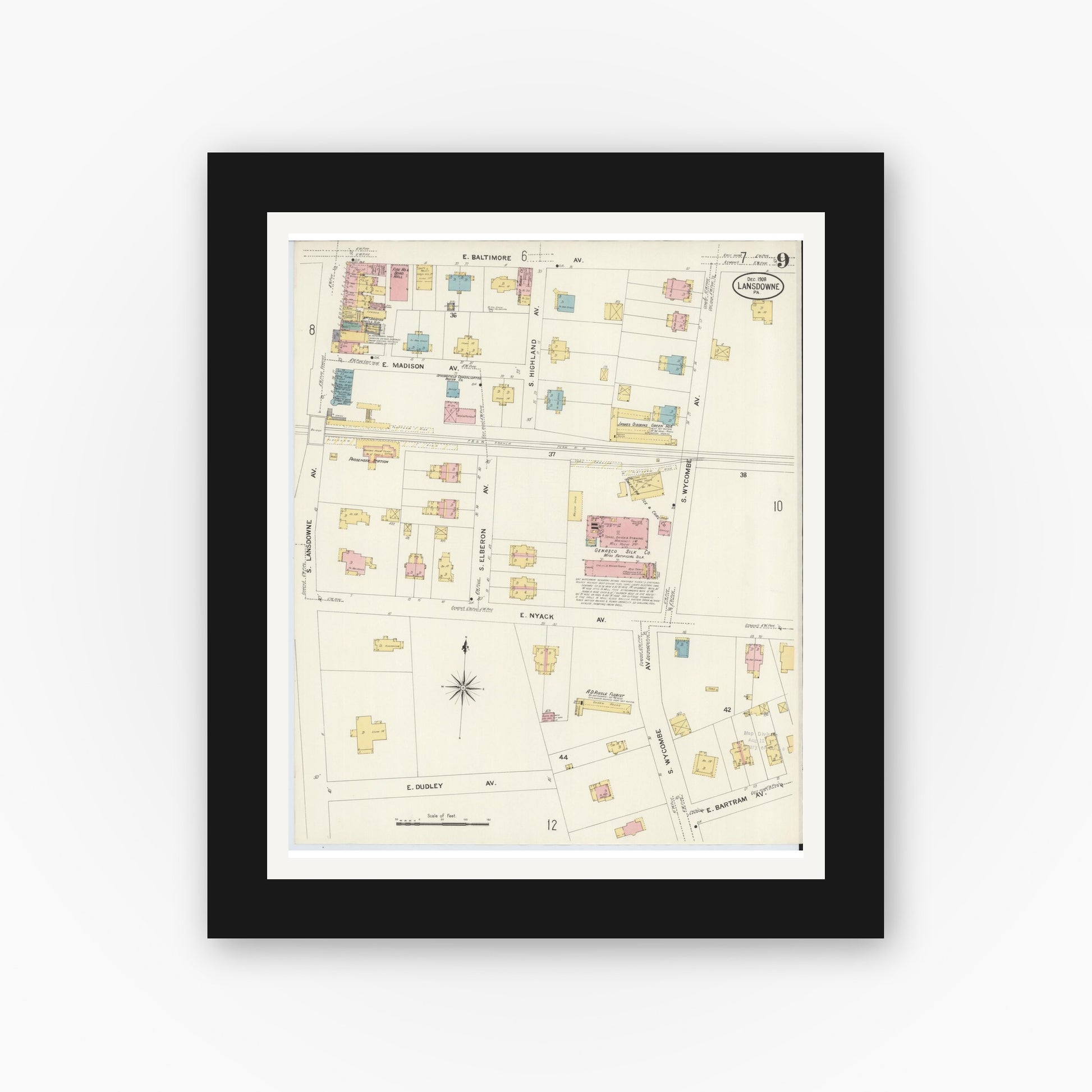 Old map wall art mockup — black gallery frame with white mat — Sanborn Fire Insurance Map from Lansdowne, Delaware County, Pennsylvania (1908), Sheet #0009