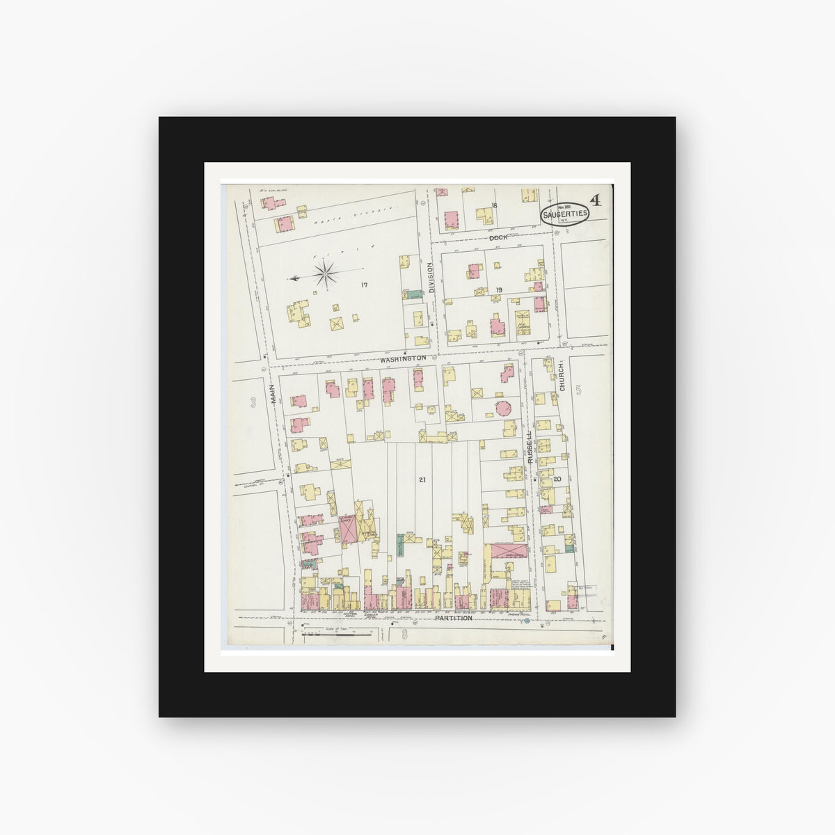 Old map wall art mockup — black gallery frame with white mat — Sanborn Fire Insurance Map from Saugerties, Ulster County, New York (1892), Sheet #0004