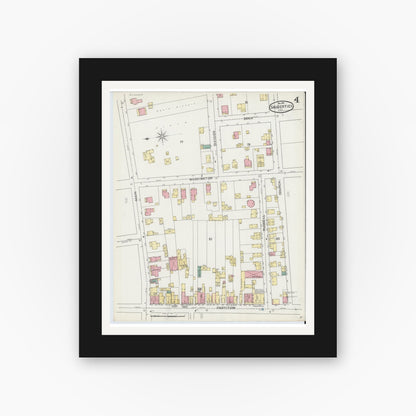 Old map wall art mockup — black gallery frame with white mat — Sanborn Fire Insurance Map from Saugerties, Ulster County, New York (1892), Sheet #0004