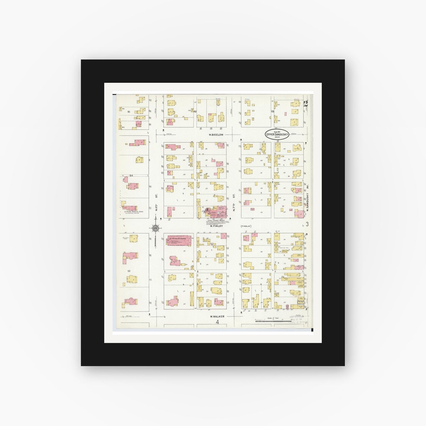 Old map wall art mockup — black gallery frame with white mat — Sanborn Fire Insurance Map from Upper Sandusky, Wyandot County, Ohio (1911), Sheet #0002