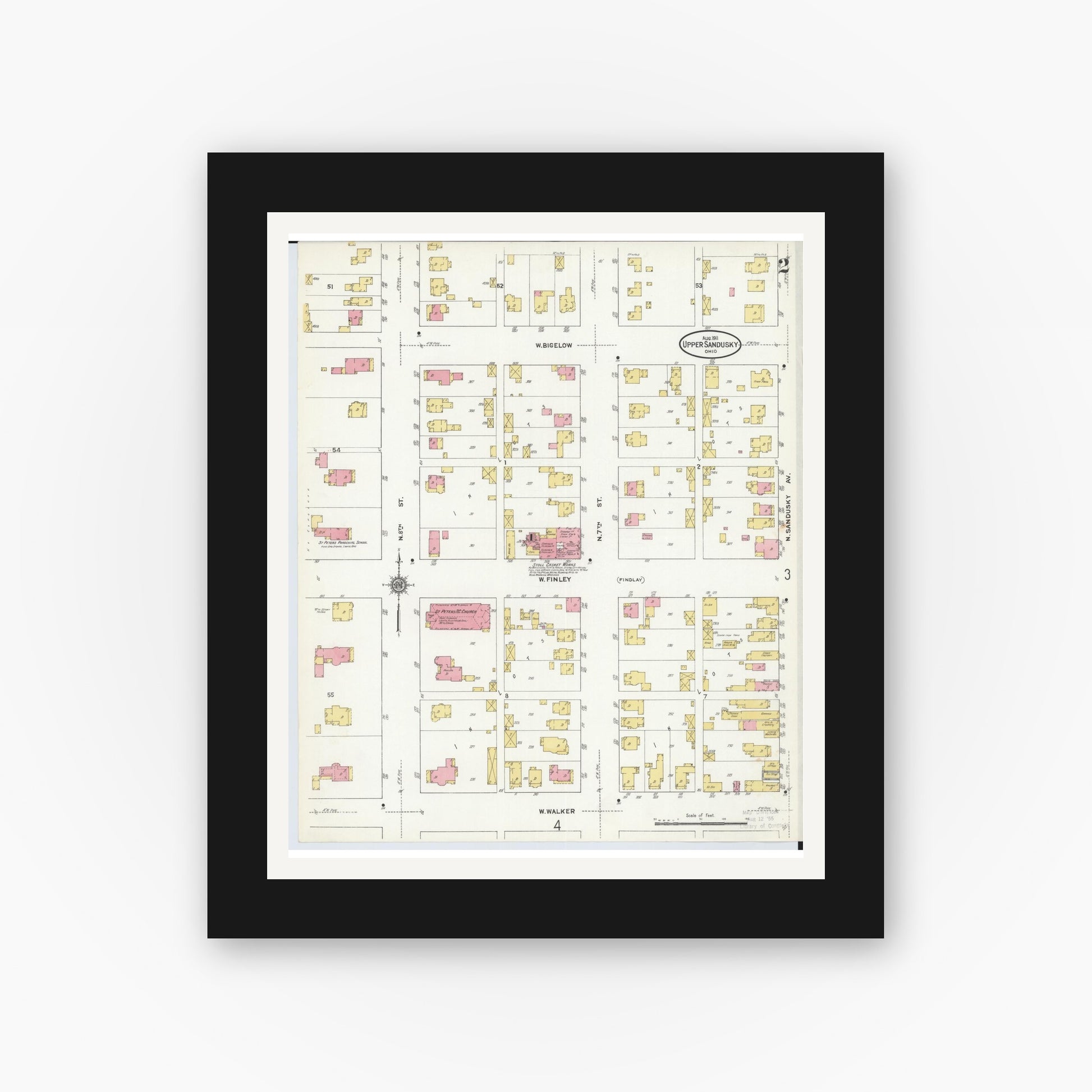 Old map wall art mockup — black gallery frame with white mat — Sanborn Fire Insurance Map from Upper Sandusky, Wyandot County, Ohio (1911), Sheet #0002