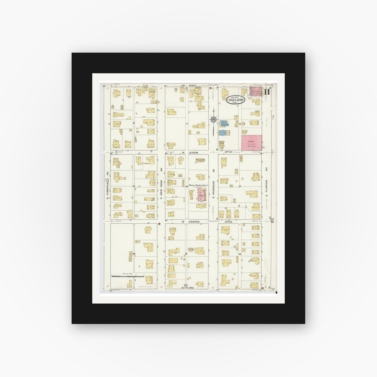 Old map wall art mockup — black gallery frame with white mat — Sanborn Fire Insurance Map from Lakeland, Polk County, Florida (1917), Sheet #0011