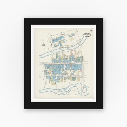 Old map wall art mockup — black gallery frame with white mat — Sanborn Fire Insurance Map from San Antonio, Bexar County, Texas (1888), Sheet #0005