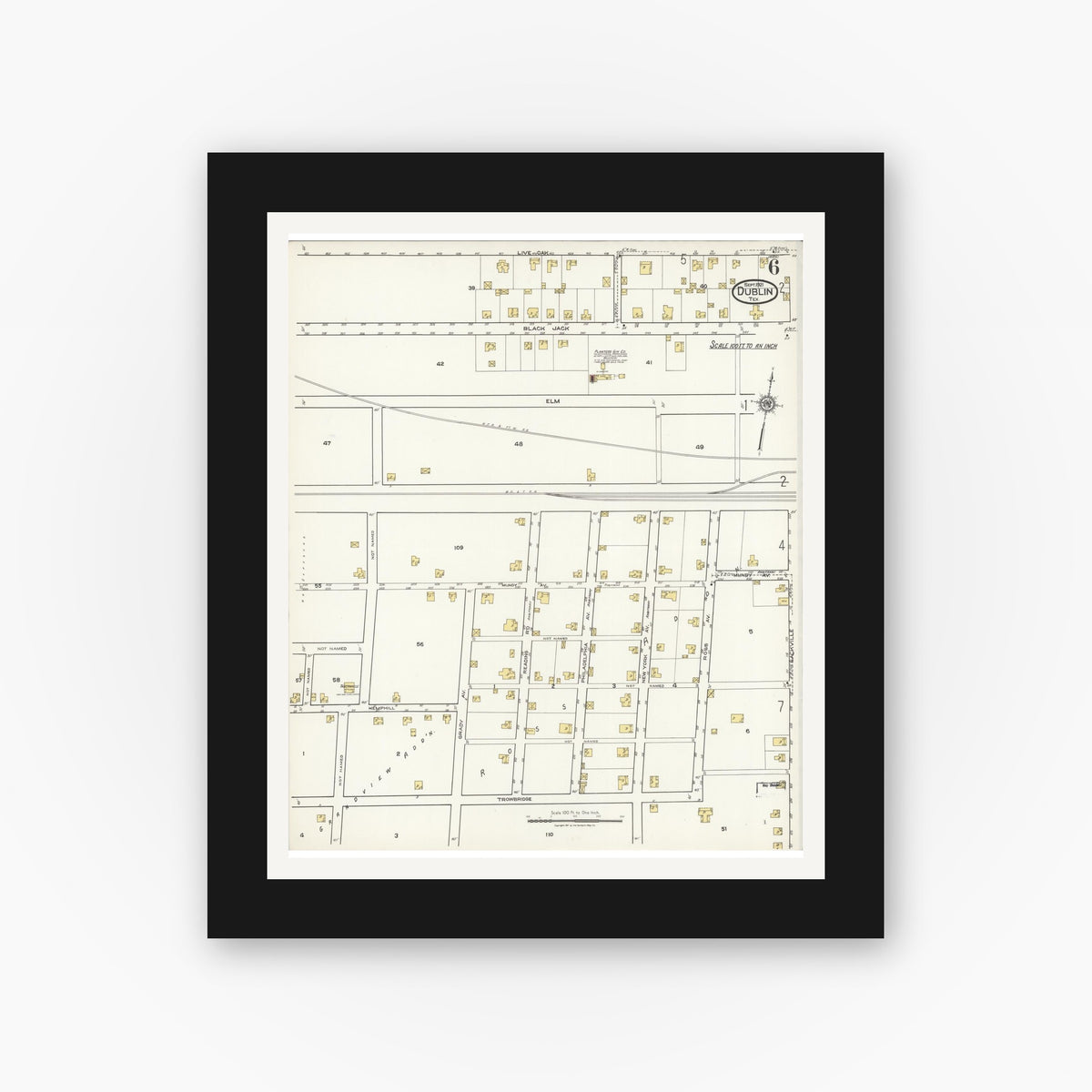 Old map wall art mockup — black gallery frame with white mat — Sanborn Fire Insurance Map from Dublin, Erath County, Texas (1921), Sheet #0006