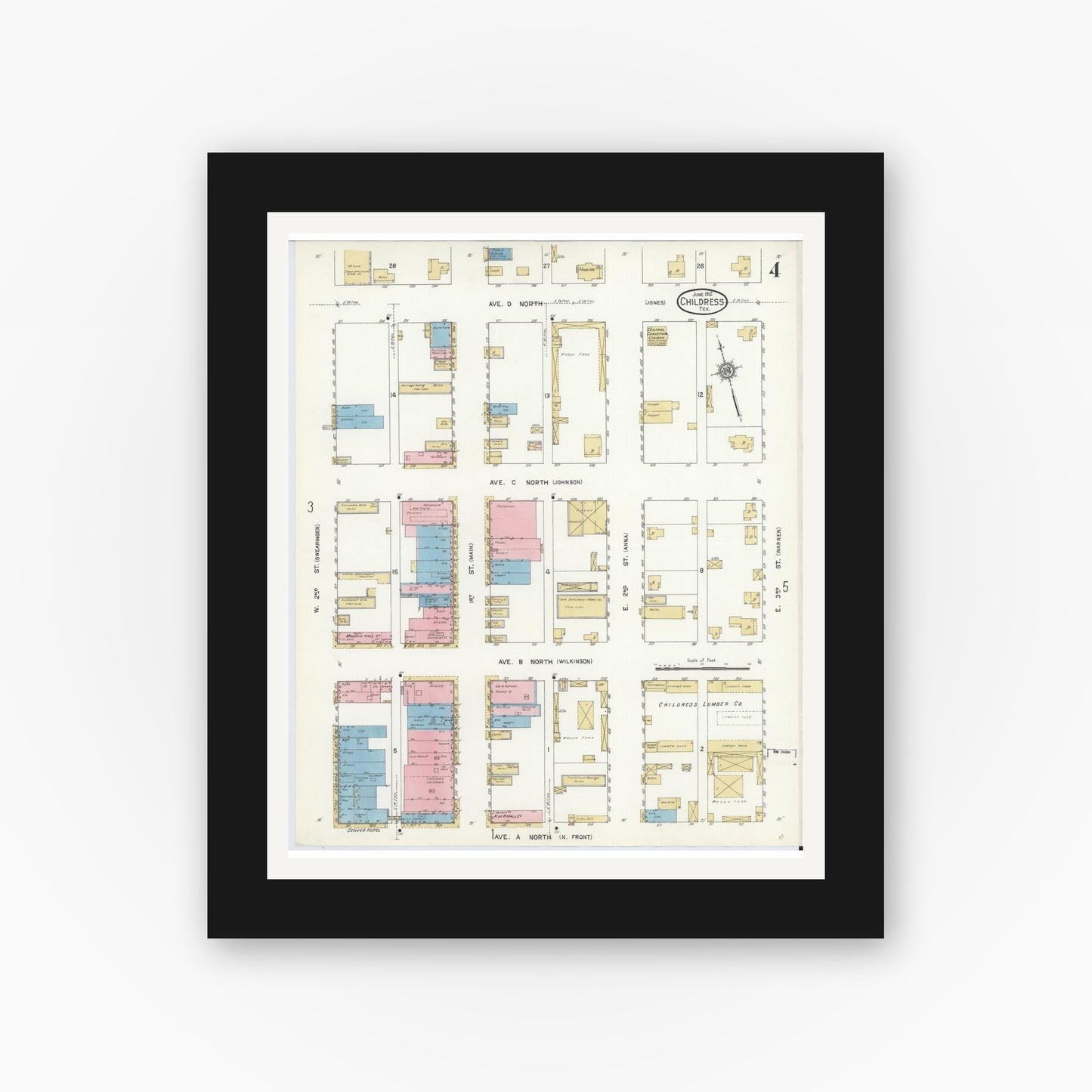 Old map wall art mockup — black gallery frame with white mat — Sanborn Fire Insurance Map from Childress, Childress County, Texas (1912), Sheet #0004