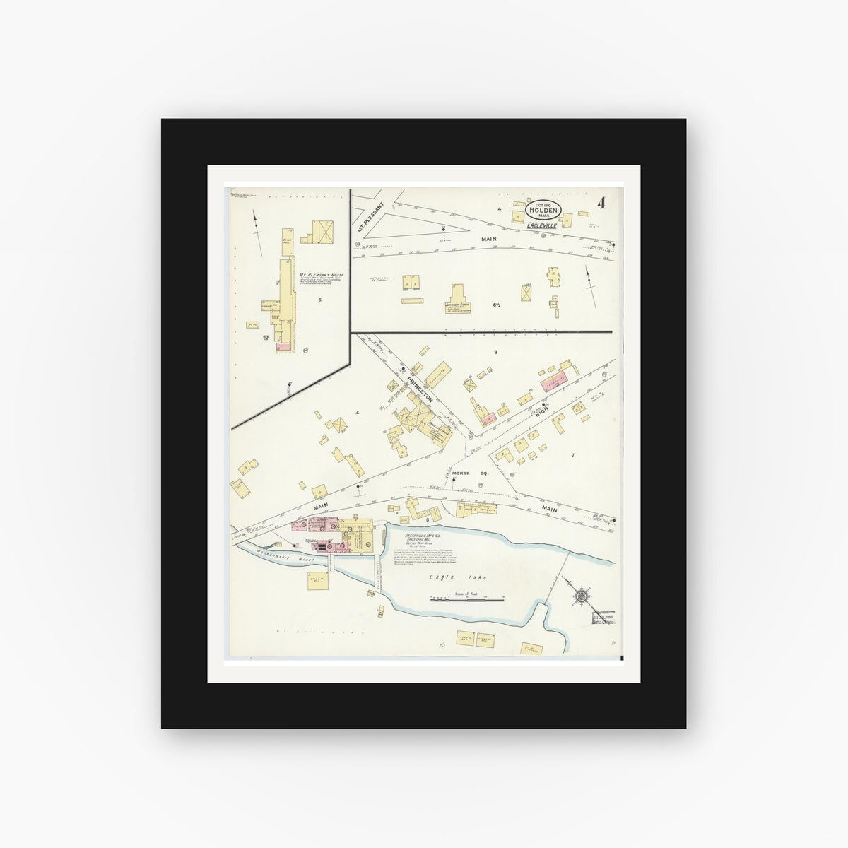 Old map wall art mockup — black gallery frame with white mat — Sanborn Fire Insurance Map from Holden, Worcester County, Massachusetts (1910), Sheet #0004
