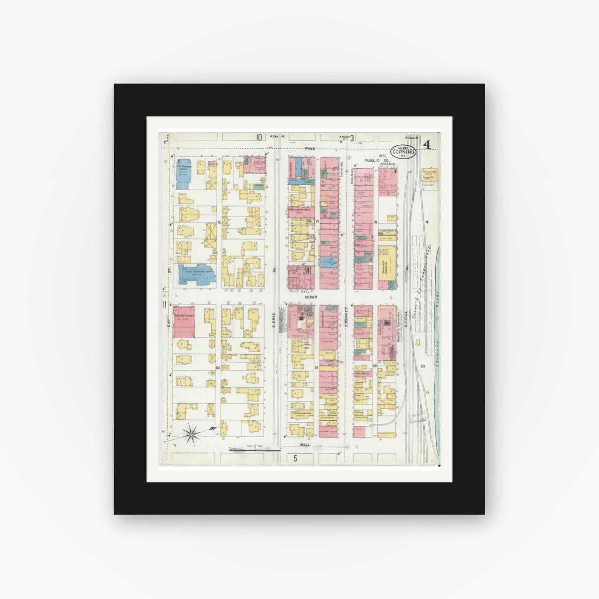 Old map wall art mockup — black gallery frame with white mat — Sanborn Fire Insurance Map from Corning, Steuben County, New York (1903), Sheet #0004