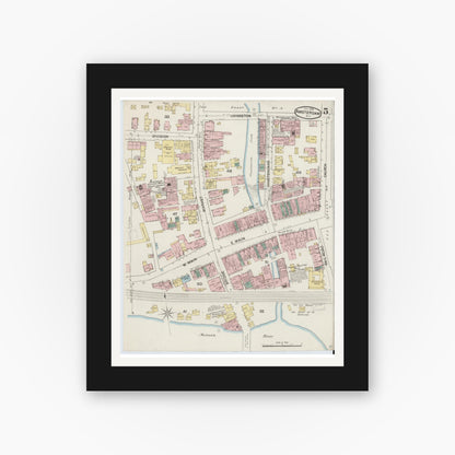 Old map wall art mockup — black gallery frame with white mat — Sanborn Fire Insurance Map from Amsterdam, Montgomery County, New York (1888), Sheet #0005