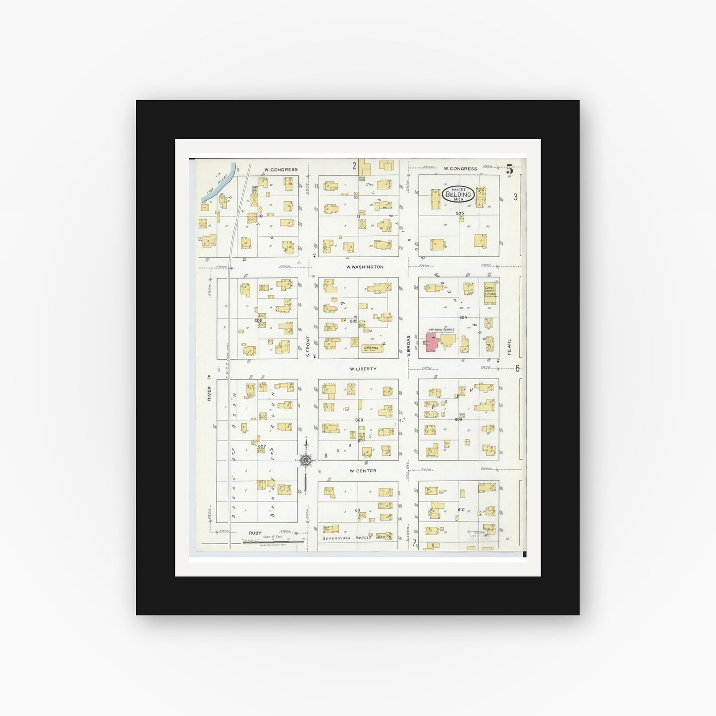 Old map wall art mockup — black gallery frame with white mat — Sanborn Fire Insurance Map from Belding, Ionia County, Michigan (1918), Sheet #0005