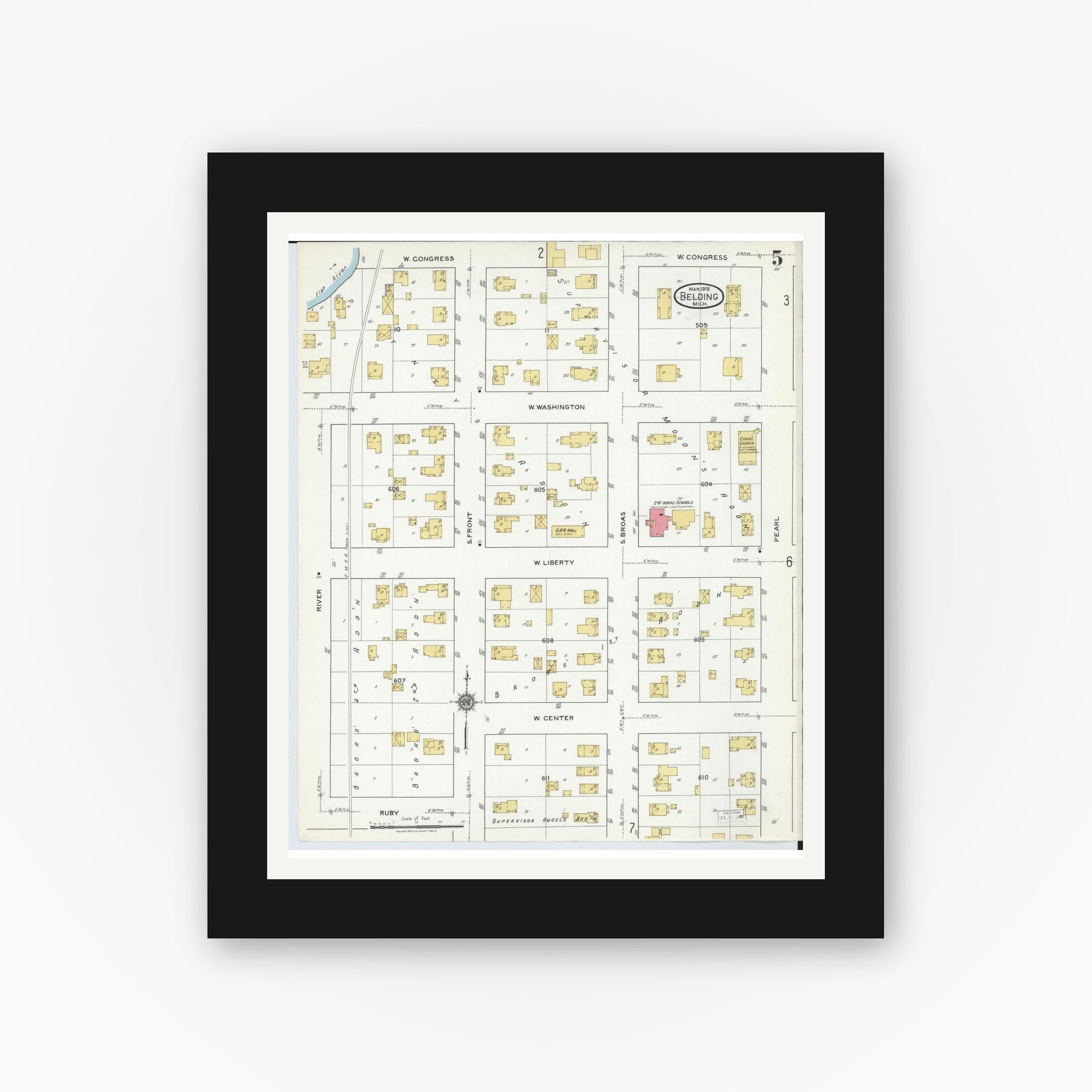 Old map wall art mockup — black gallery frame with white mat — Sanborn Fire Insurance Map from Belding, Ionia County, Michigan (1918), Sheet #0005