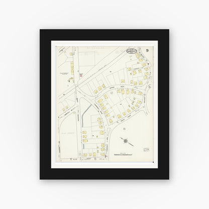 Old map wall art mockup — black gallery frame with white mat — Sanborn Fire Insurance Map from Swampscott, Essex County, Massachusetts (1913), Sheet #0009