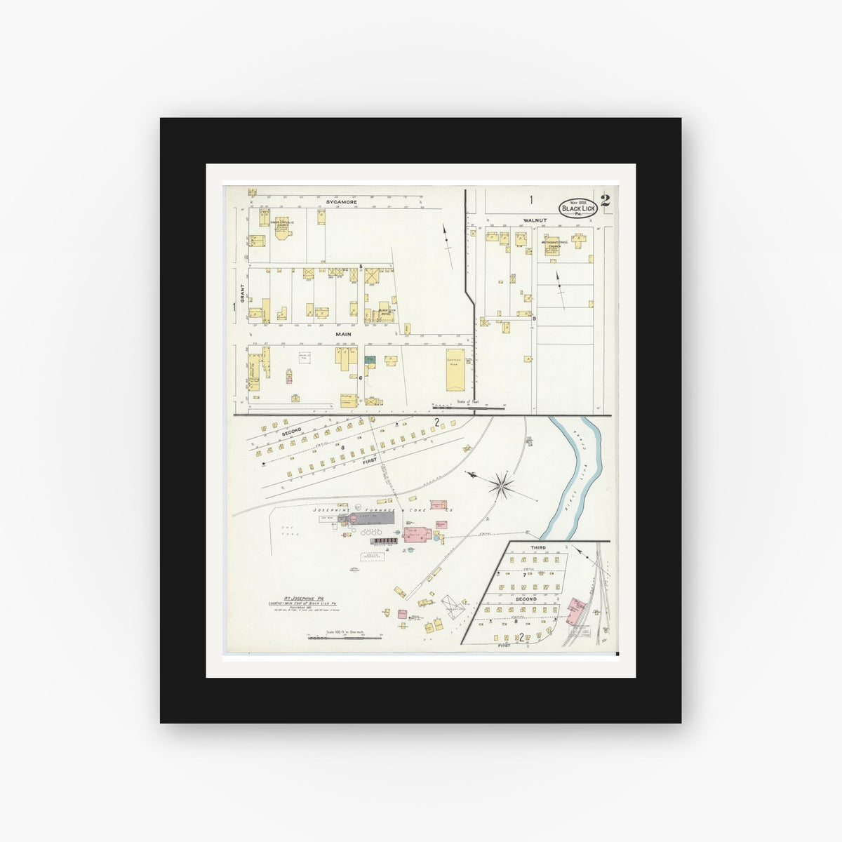 Old map wall art mockup — black gallery frame with white mat — Sanborn Fire Insurance Map from Black Lick, Indiana County, Pennsylvania (1909), Sheet #0002