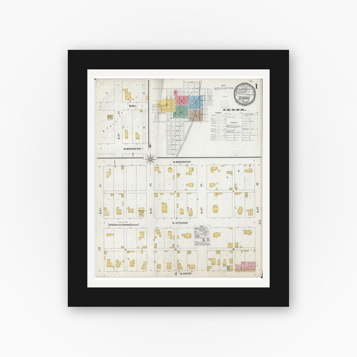 Old map wall art mockup — black gallery frame with white mat — Sanborn Fire Insurance Map from Girard, Macoupin County, Illinois (1900), Sheet #0001