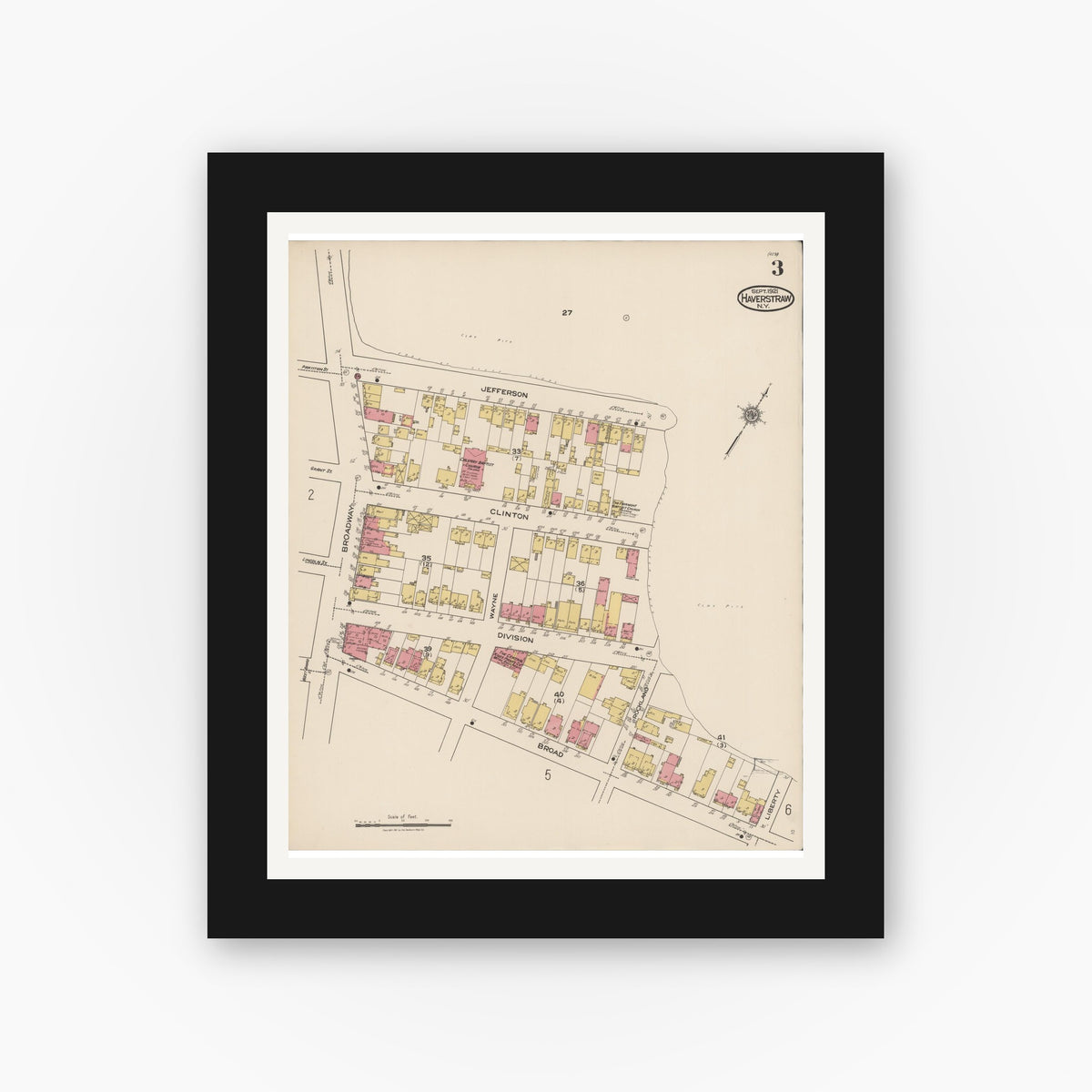 Old map wall art mockup — black gallery frame with white mat — Sanborn Fire Insurance Map from Haverstraw, Rockland County, New York (1921), Sheet #0003