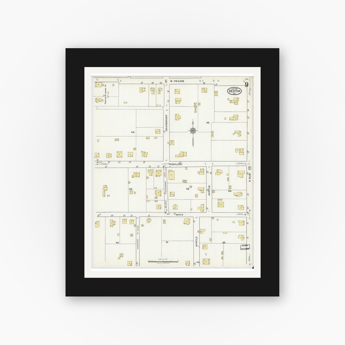 Old map wall art mockup — black gallery frame with white mat — Sanborn Fire Insurance Map from Denton, Denton County, Texas (1921), Sheet #0009