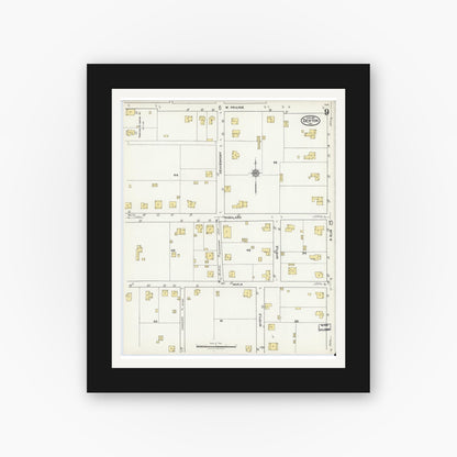 Old map wall art mockup — black gallery frame with white mat — Sanborn Fire Insurance Map from Denton, Denton County, Texas (1921), Sheet #0009
