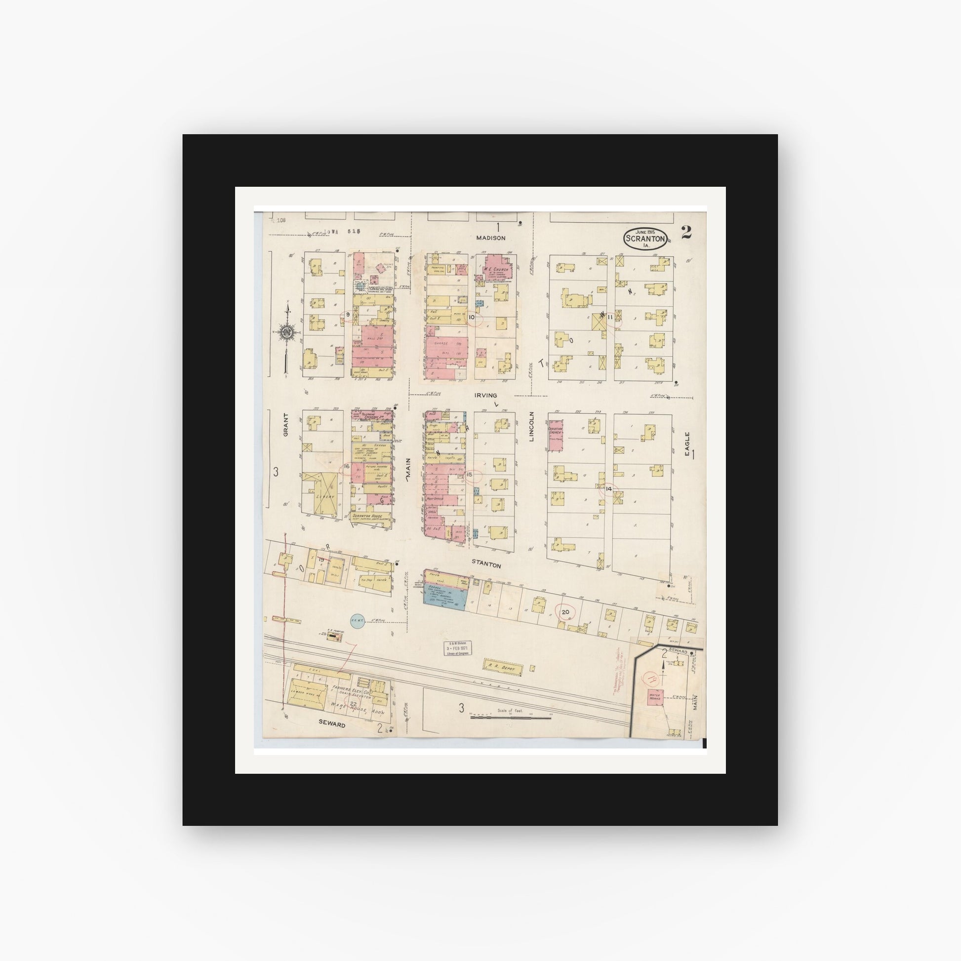 Old map wall art mockup — black gallery frame with white mat — Sanborn Fire Insurance Map from Scranton, Greene County, Iowa (1932), Sheet #0002