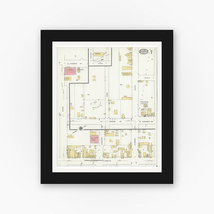 Old map wall art mockup — black gallery frame with white mat — Sanborn Fire Insurance Map from Ranger, Eastland County, Texas (1920), Sheet #0007