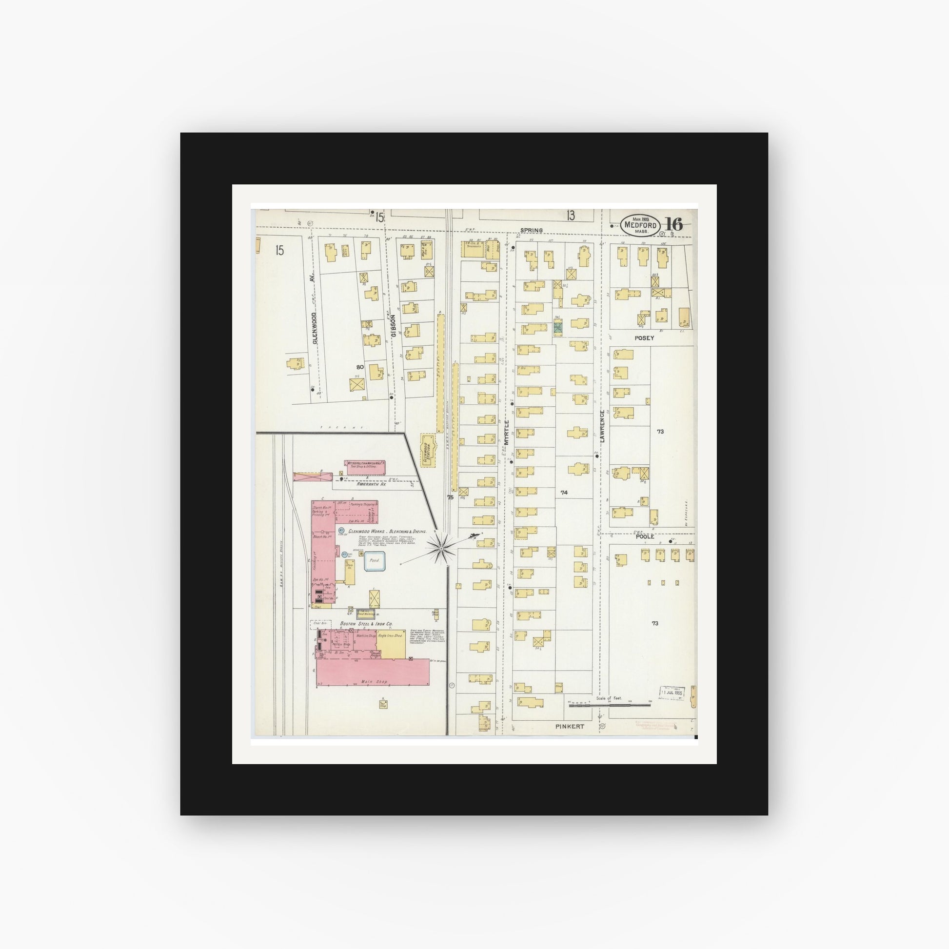 Old map wall art mockup — black gallery frame with white mat — Sanborn Fire Insurance Map from Medford, Middlesex County, Massachusetts (1903), Sheet #0016
