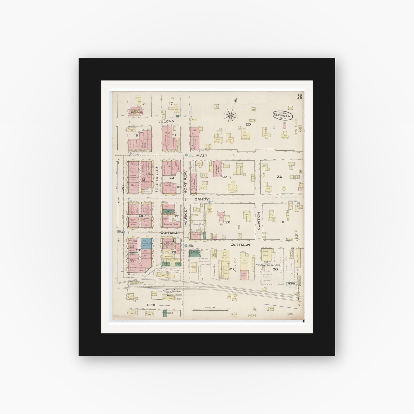 Old map wall art mockup — black gallery frame with white mat — Sanborn Fire Insurance Map from Brenham, Washington County, Texas (1885), Sheet #0003
