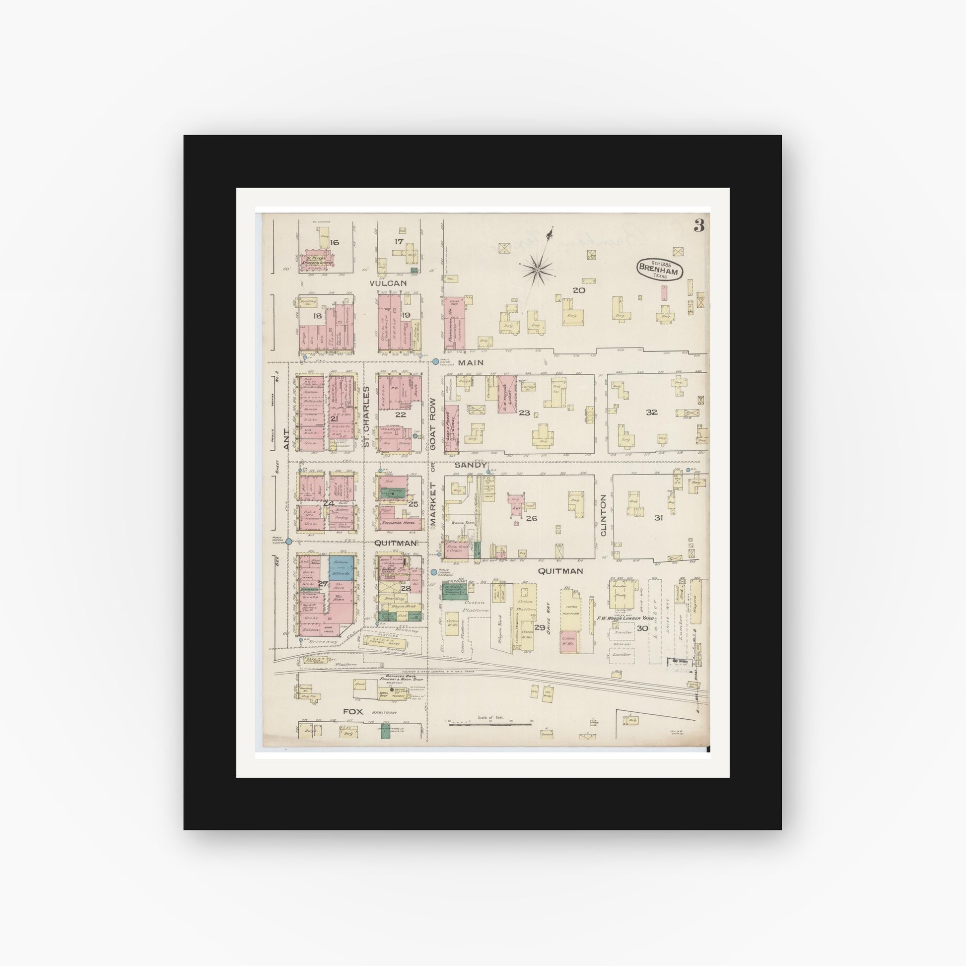 Old map wall art mockup — black gallery frame with white mat — Sanborn Fire Insurance Map from Brenham, Washington County, Texas (1885), Sheet #0003