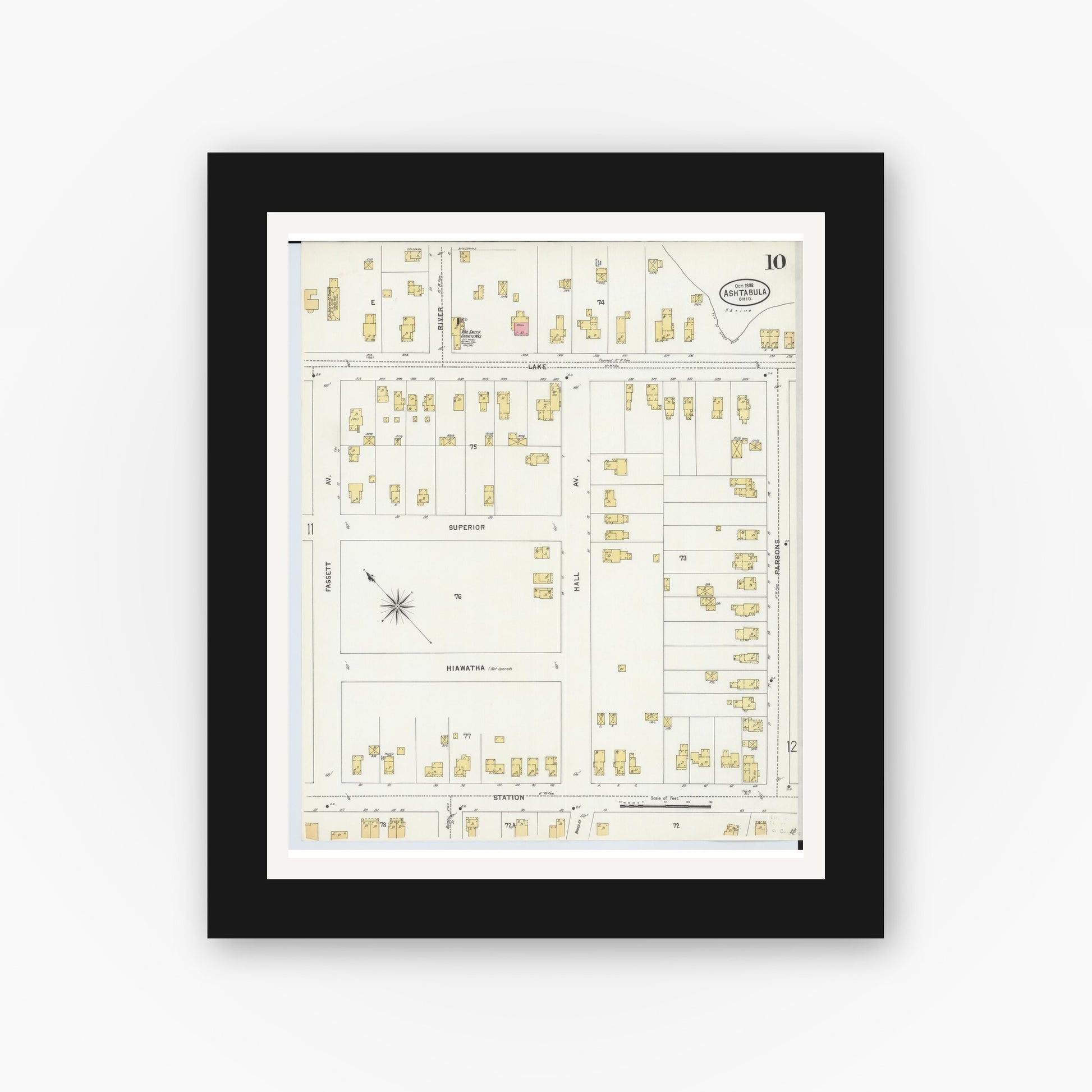 Old map wall art mockup — black gallery frame with white mat — Sanborn Fire Insurance Map from Ashtabula, Ashtabula County, Ohio (1898), Sheet #0010