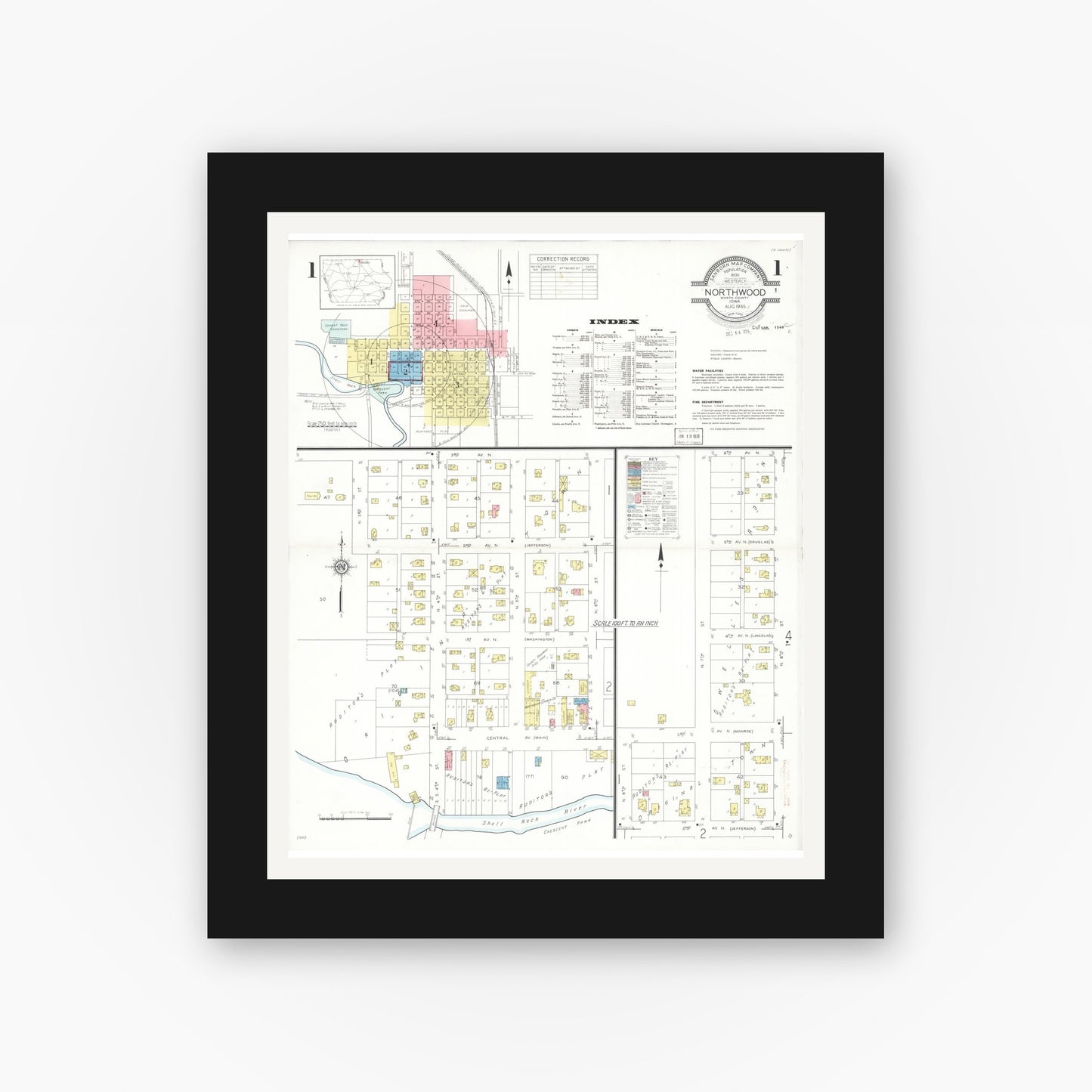 Old map wall art mockup — black gallery frame with white mat — Sanborn Fire Insurance Map from Northwood, Worth County, Iowa (1935), Sheet #0001