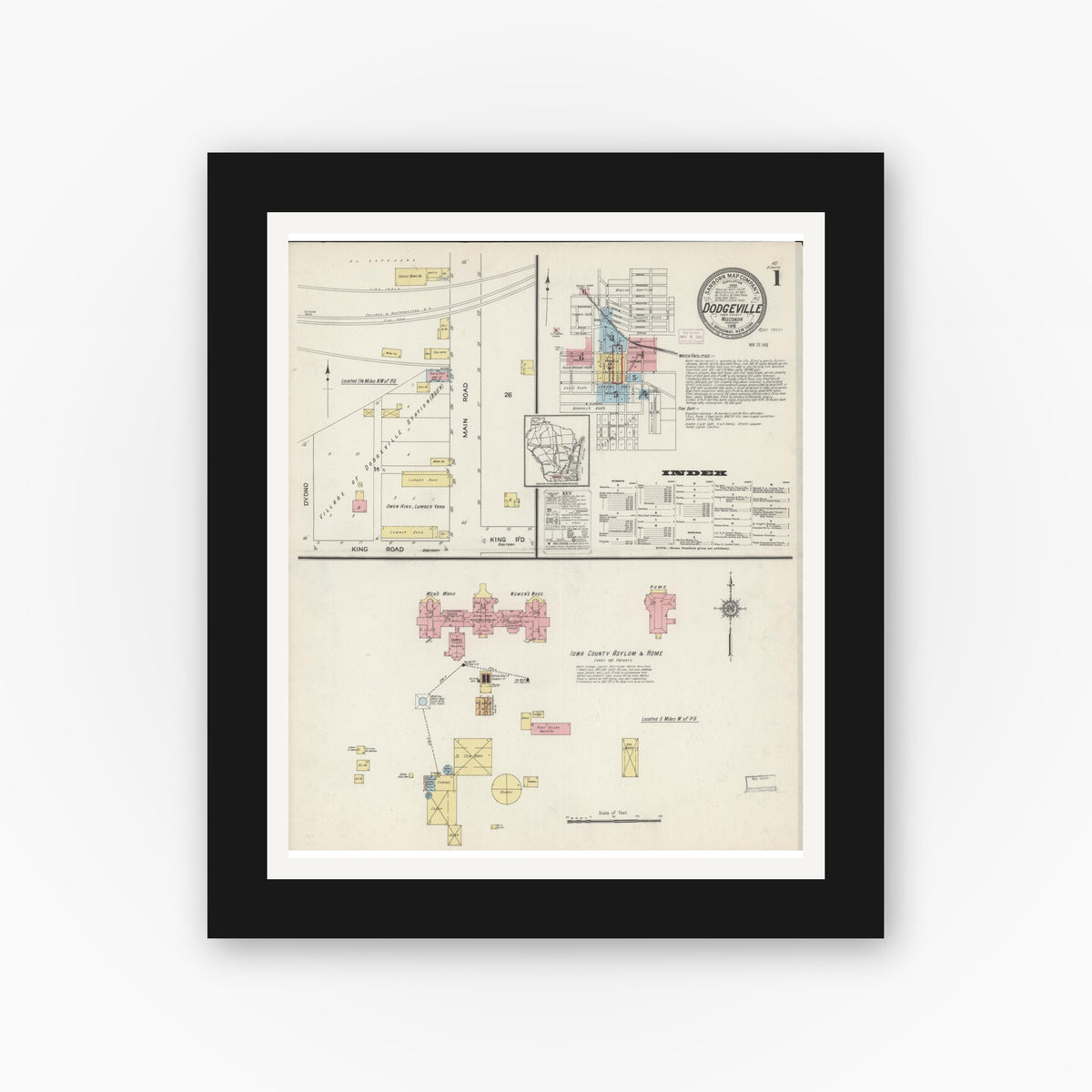 Old map wall art mockup — black gallery frame with white mat — Sanborn Fire Insurance Map from Dodgeville, Iowa County, Wisconsin (1915) - Complete Map Set