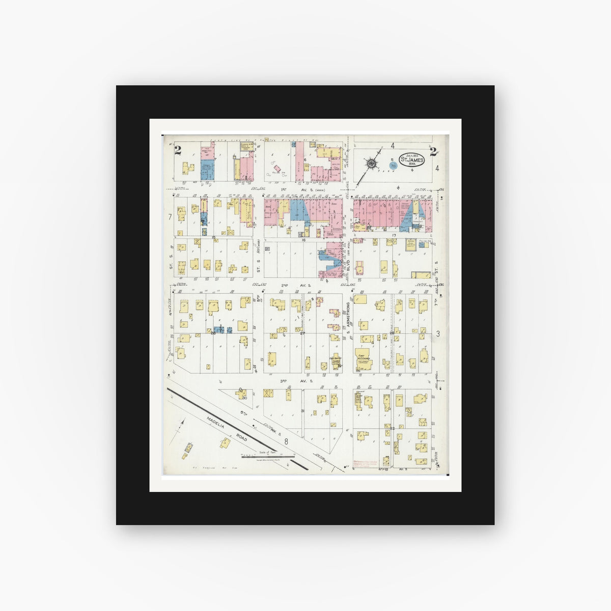 Old map wall art mockup — black gallery frame with white mat — Sanborn Fire Insurance Map from Saint James, Watonwan County, Minnesota (1924), Sheet #0002