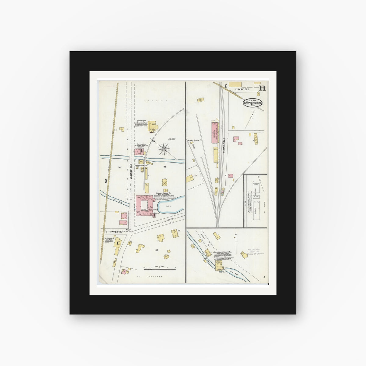 Old map wall art mockup — black gallery frame with white mat — Sanborn Fire Insurance Map from Shippensburg, Cumberland And Franklin Counties, Pennsylvania (1904), Sheet #0011