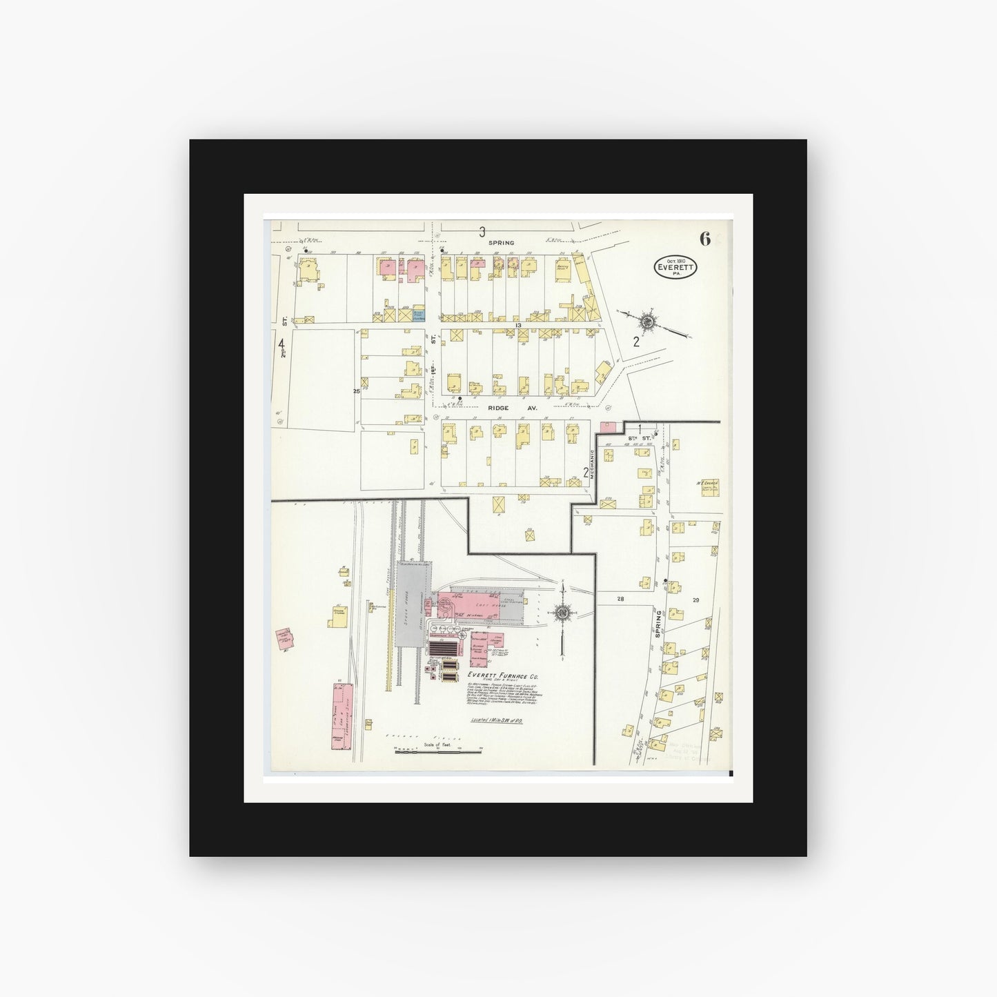 Old map wall art mockup — black gallery frame with white mat — Sanborn Fire Insurance Map from Everett, Bedford County, Pennsylvania (1910), Sheet #0006