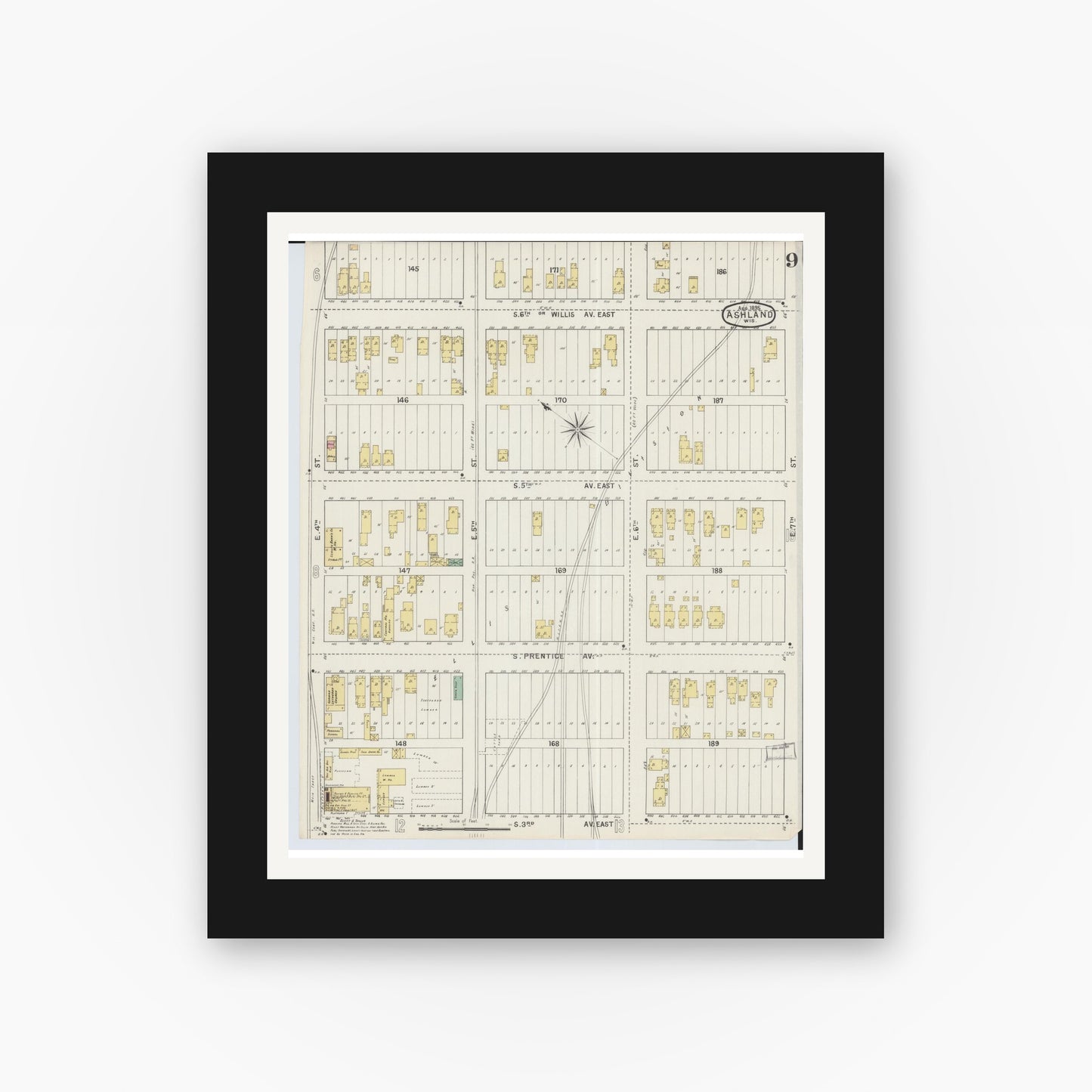 Old map wall art mockup — black gallery frame with white mat — Sanborn Fire Insurance Map from Ashland, Ashland County, Wisconsin (1895), Sheet #0009