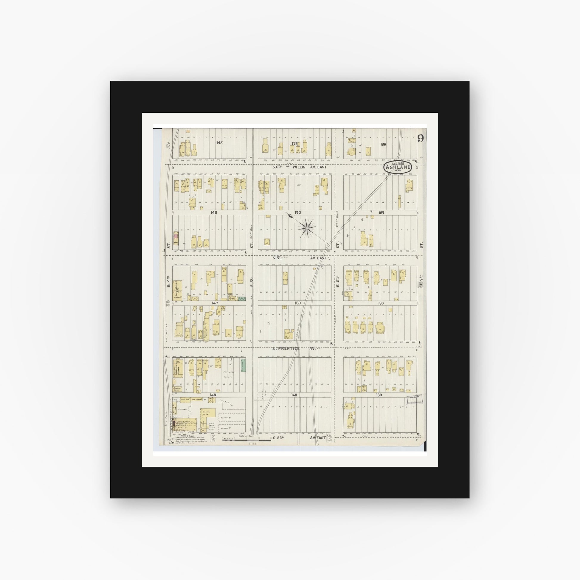 Old map wall art mockup — black gallery frame with white mat — Sanborn Fire Insurance Map from Ashland, Ashland County, Wisconsin (1895), Sheet #0009