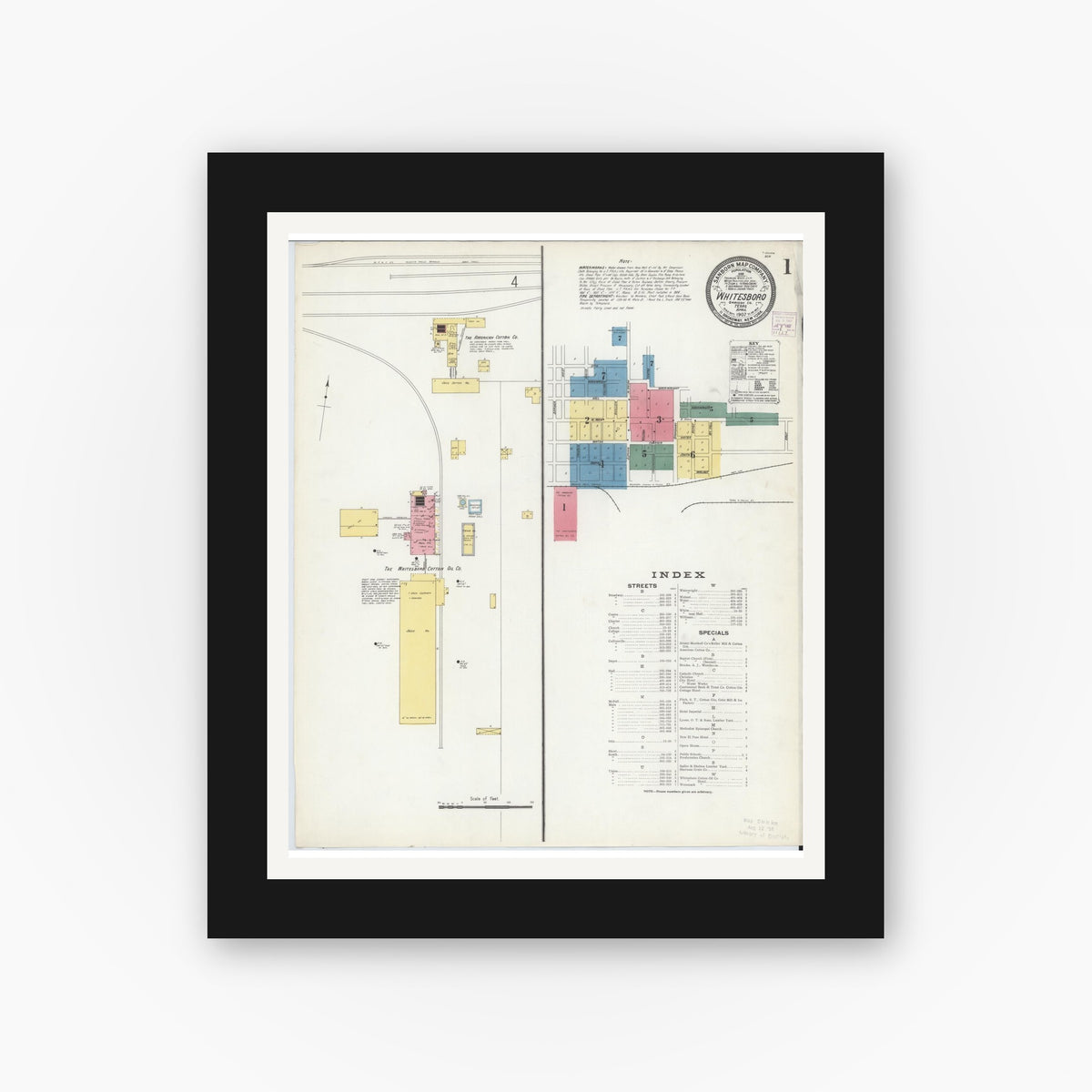 Old map wall art mockup — black gallery frame with white mat — Sanborn Fire Insurance Map from Whitesboro, Grayson County, Texas (1907) - Complete Map Set