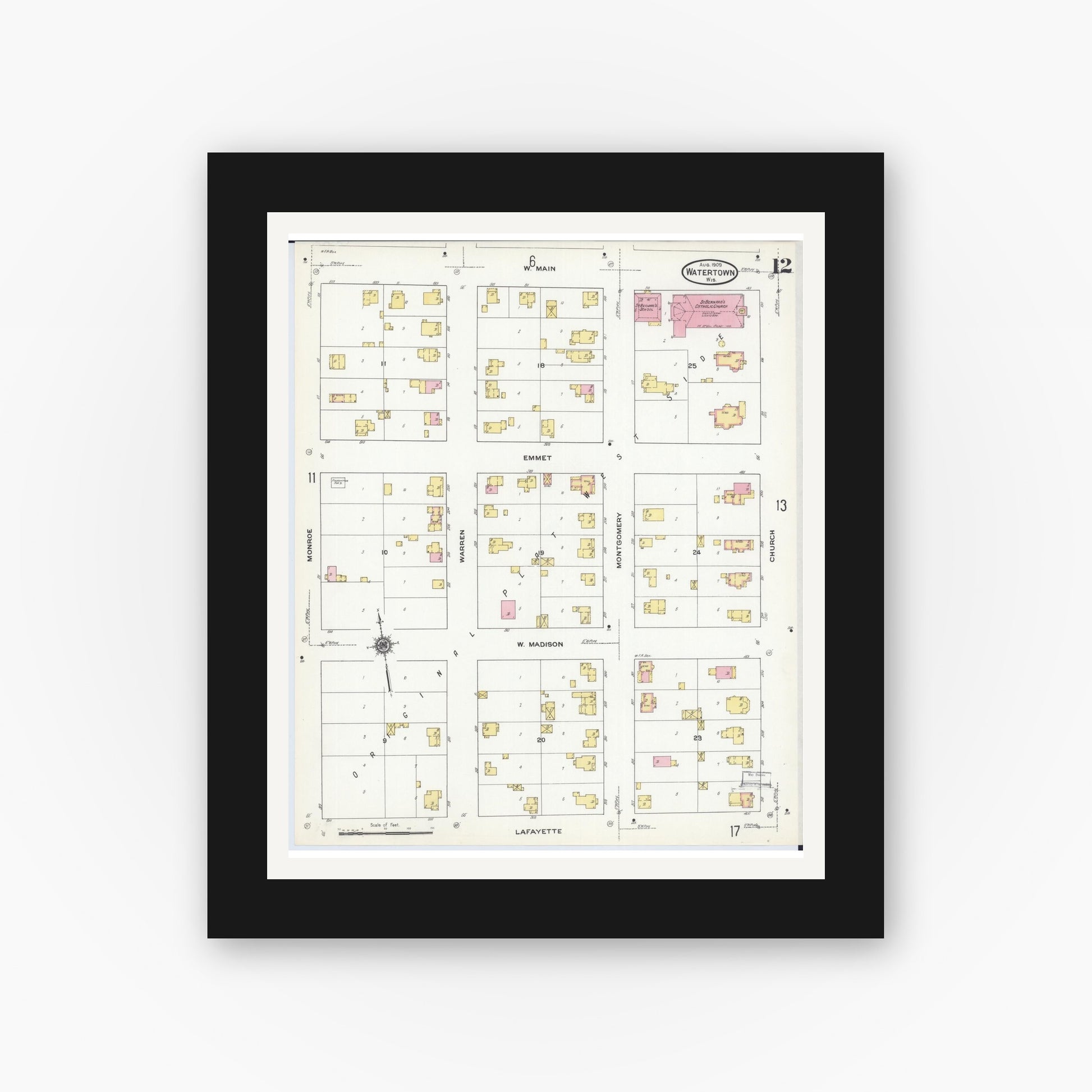 Old map wall art mockup — black gallery frame with white mat — Sanborn Fire Insurance Map from Watertown, Jefferson County, Wisconsin (1909), Sheet #0012
