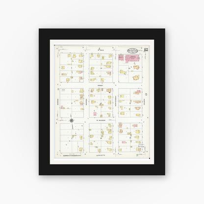 Old map wall art mockup — black gallery frame with white mat — Sanborn Fire Insurance Map from Watertown, Jefferson County, Wisconsin (1909), Sheet #0012