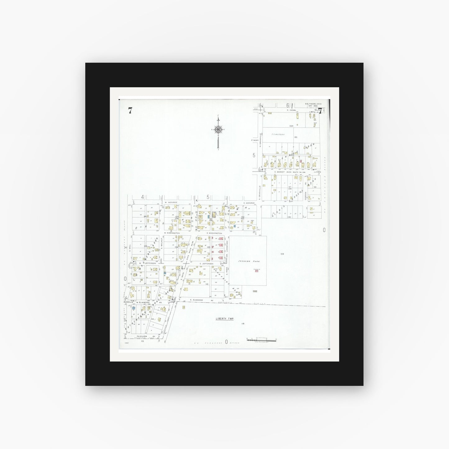 Old map wall art mockup — black gallery frame with white mat — Sanborn Fire Insurance Map from Baltimore, Fairfield County, Ohio (1946), Sheet #0007
